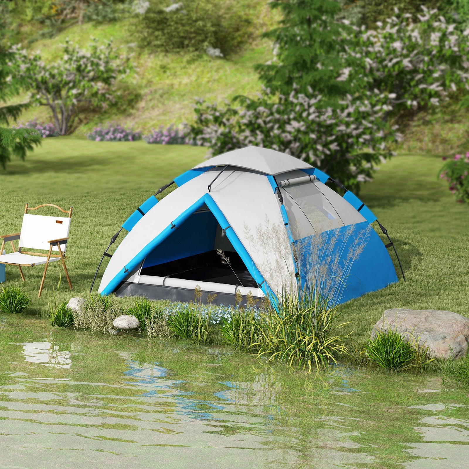 3-4 Man Camping Tent Portable With Bag, Quick Setup | Light Blue