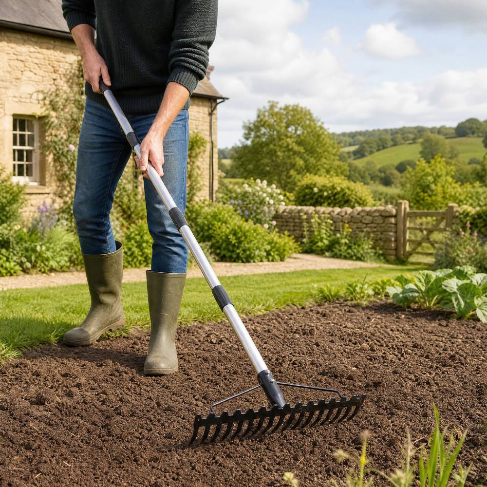Stainless Steel Garden Tooth Rake – Adjustable Handle Length | Large