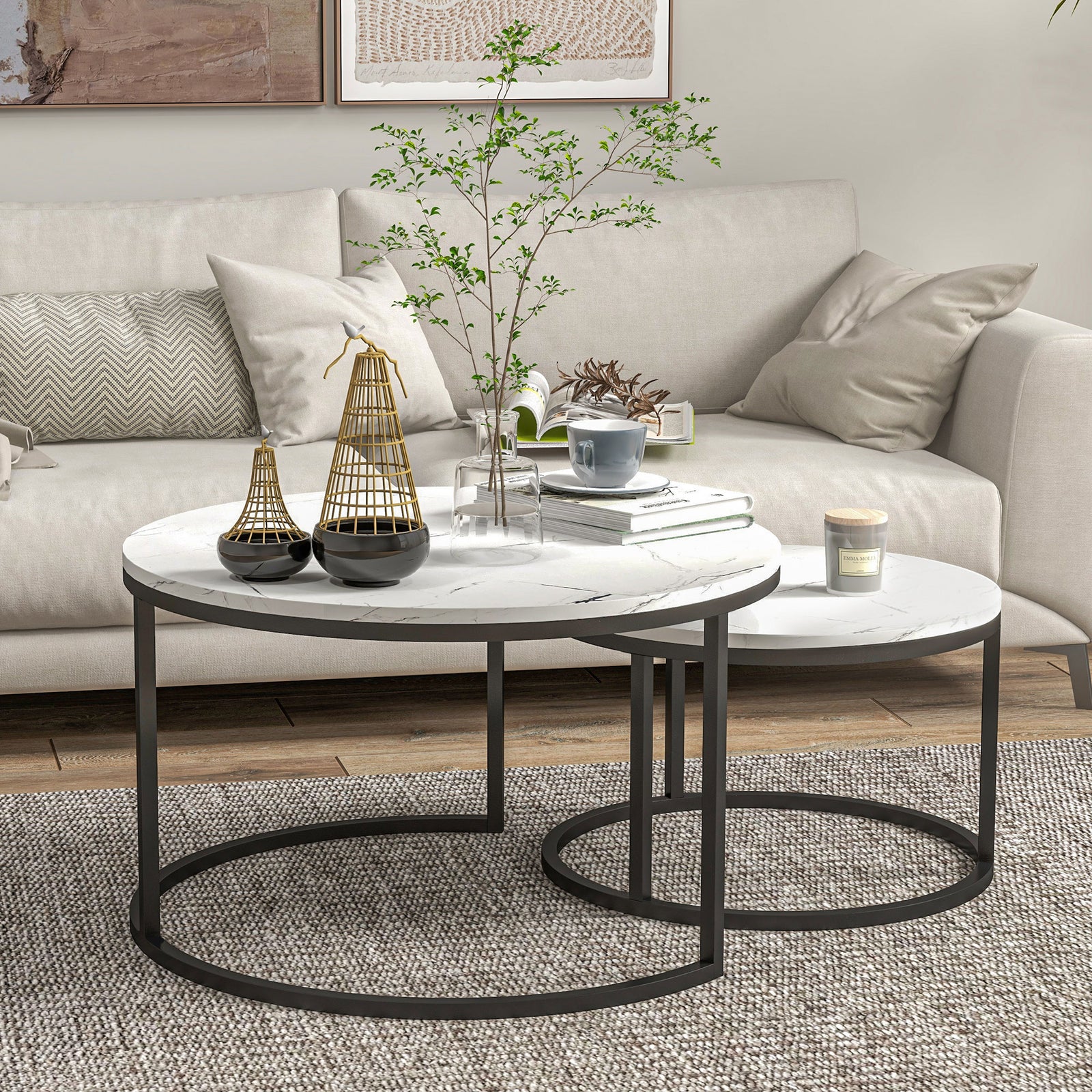 Stacking Coffee Tables Set, Marble Effect | White