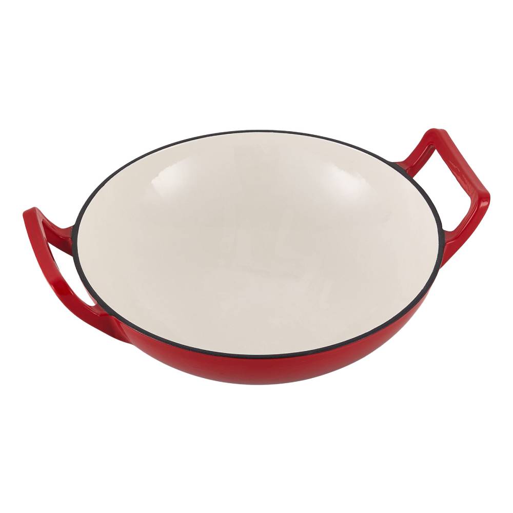 30cm Diameter Diameter Enamelled Cast Iron Stir-fry Pan Wok With Side Handles | Red