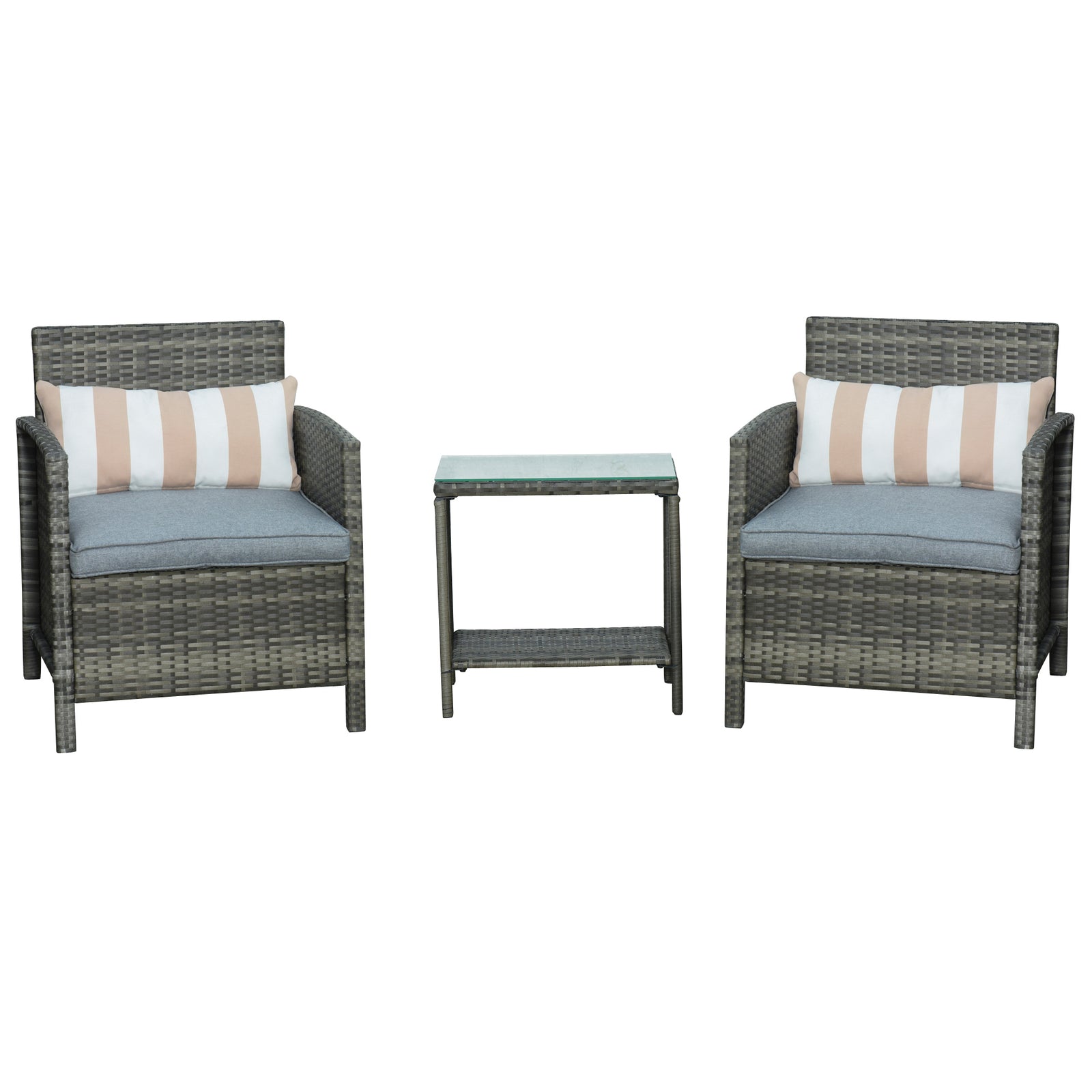 3 Pc Outdoor Rattan Sofa Set W/ Chairs Coffee Table Cushion | Gray
