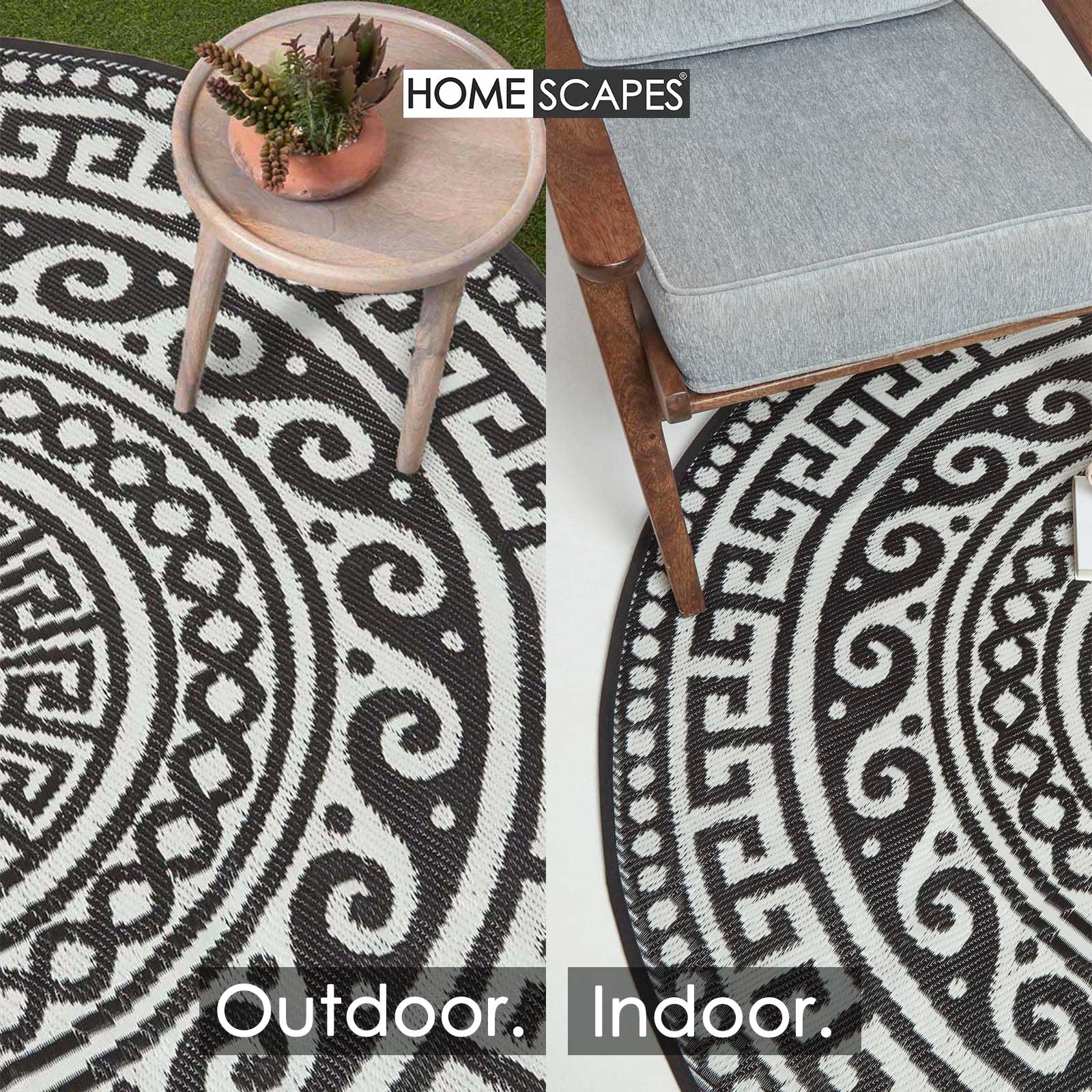Luxury Outdoor Rug Waterproof Reversible Round For Garden Patio 100% Recycled, Black Enid Aztec