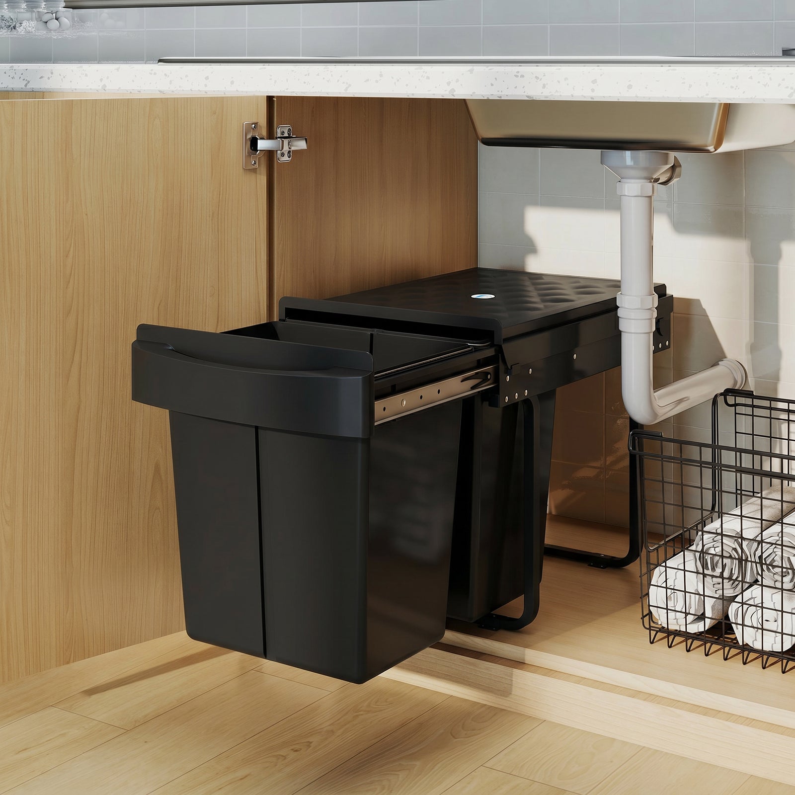 Kitchen Cupboard Bin With 40l Dual Compartment, Pull Out Bin | Black