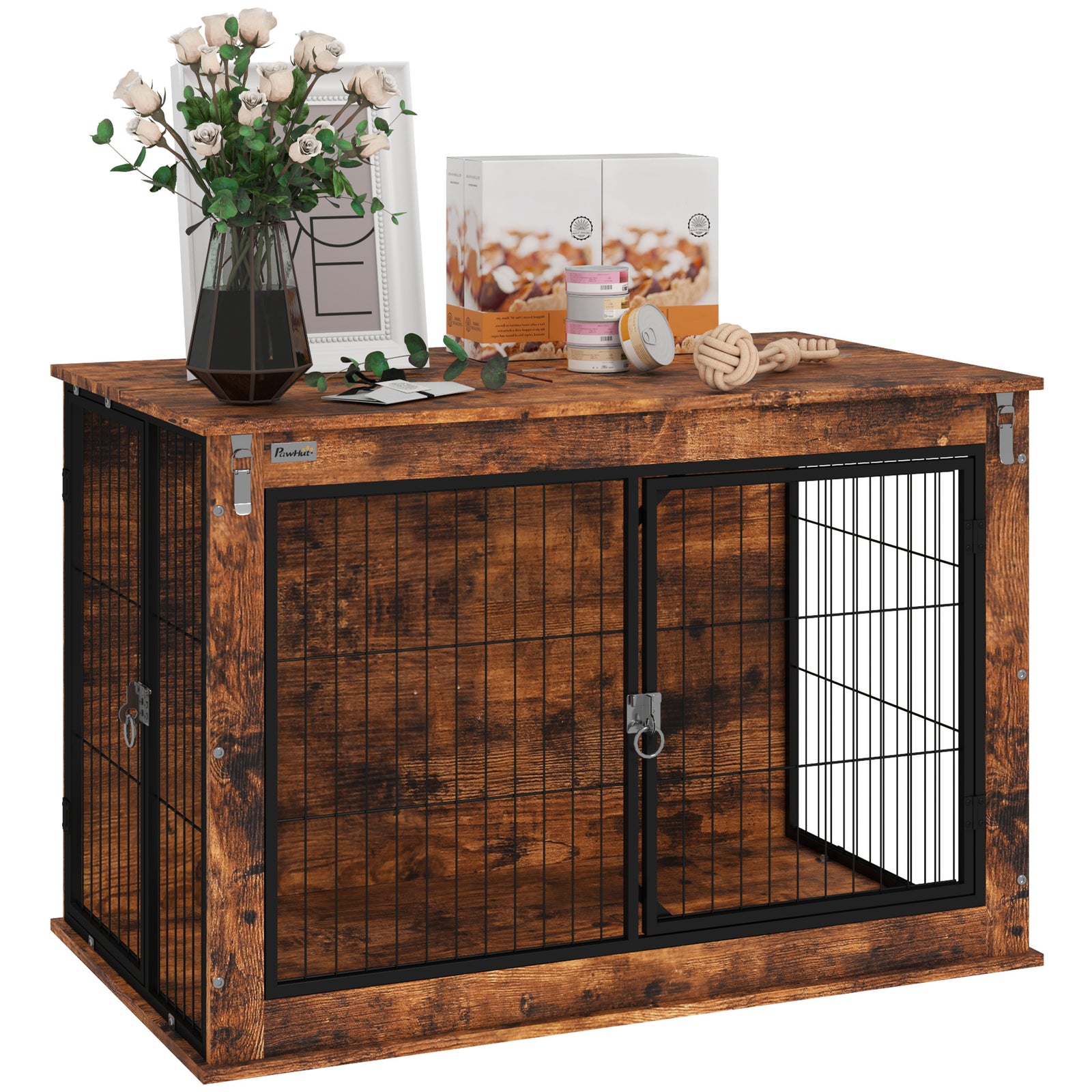 Dog Crate Furniture With Flip-up Top, 2 Doors, For Dogs | Small | Brown