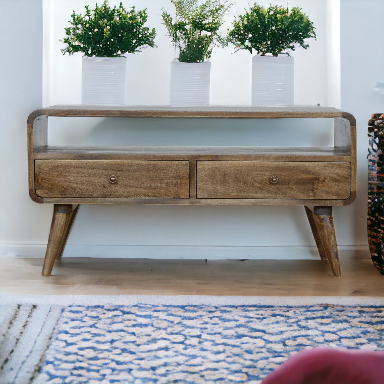 Solid Wood Curved Grey Washed Media Unit