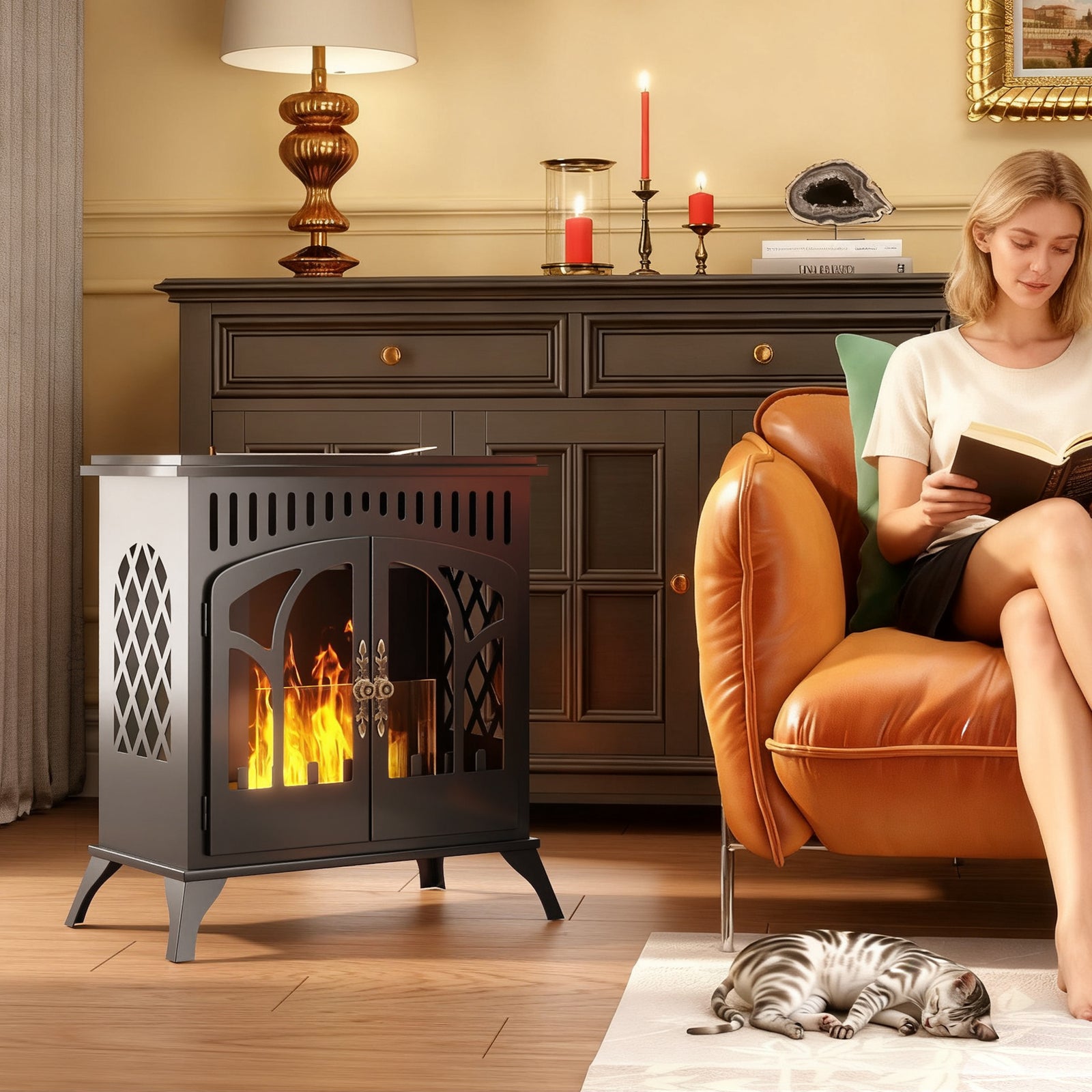 22" Bio Ethanol Fireplace Stove, Ethanol Fire Burner With Door