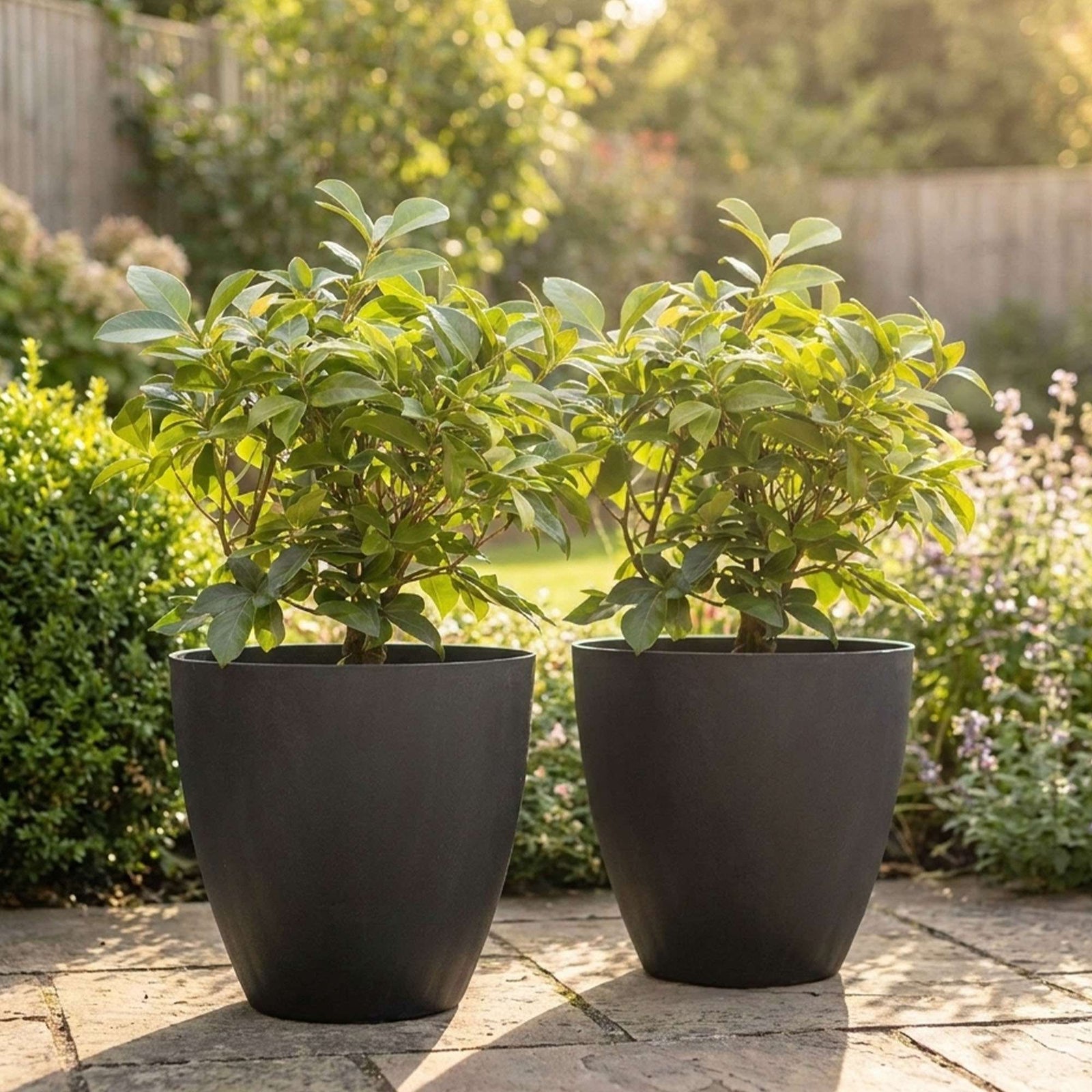 36cm Tall Round Plain Black Rubber Planters - Indoor Outdoor Planter | Set-of-2