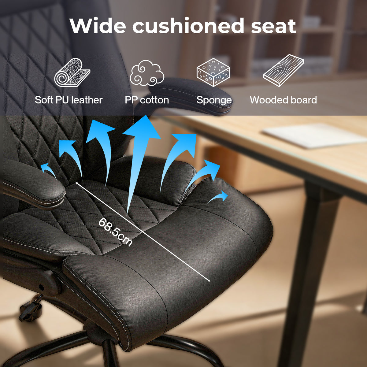 Executive Office Chair Pu Leather Reclining Desk Chair Flip-up Armrests | Black