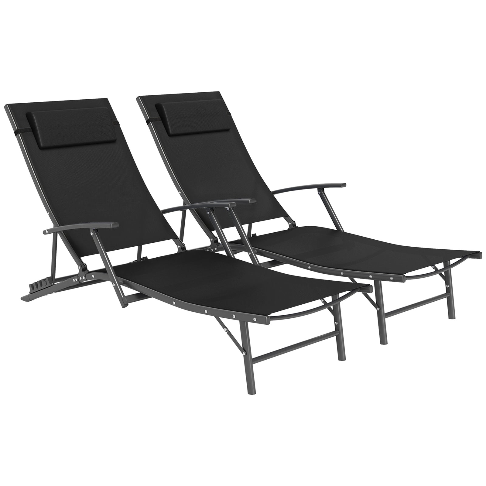 Set Of 2 Garden Sun Loungers, Folding Chaise Lounge Chairs | Black