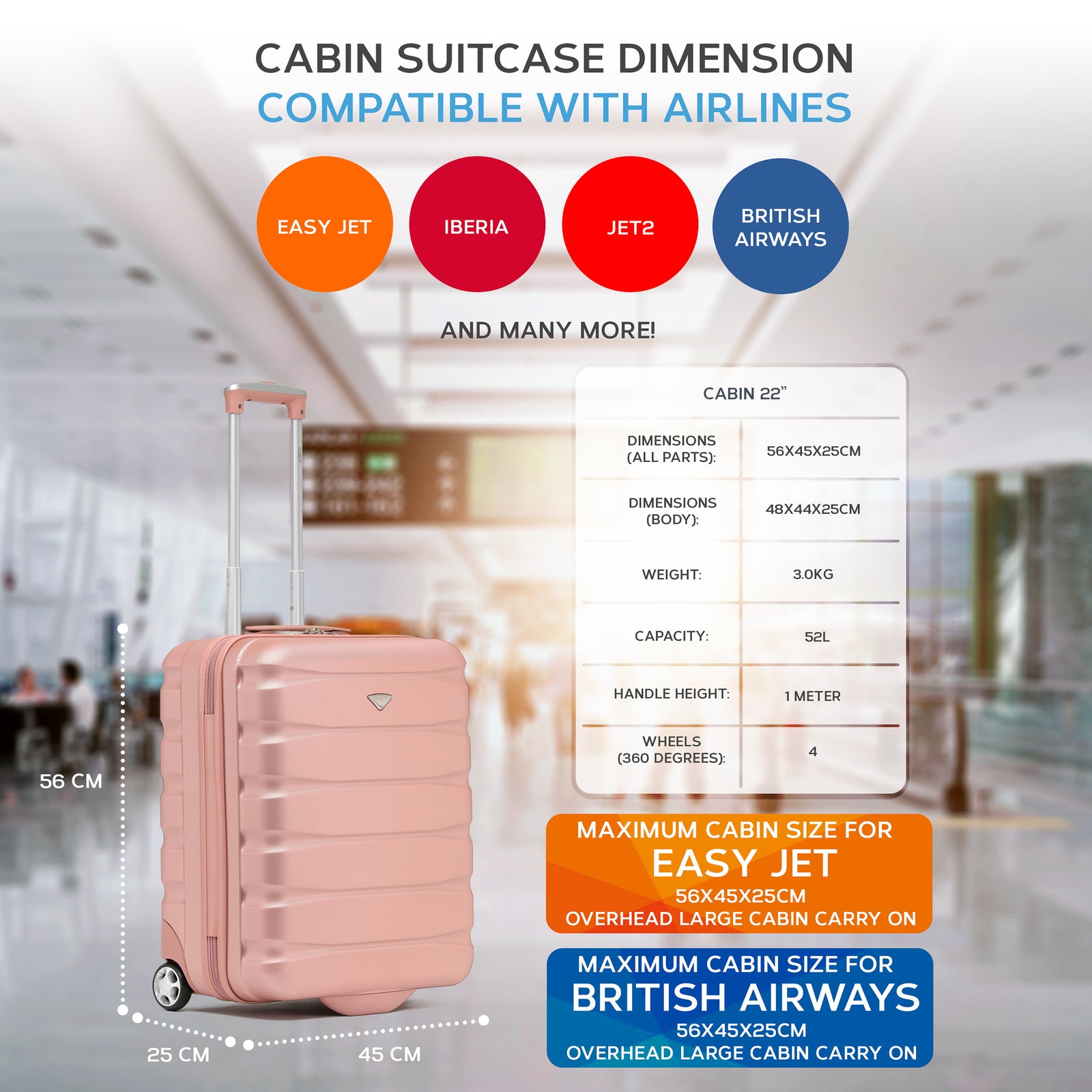 56x45x25cm Hard Cabin Suitcase - Lightweight 2-Wheel ABS Carry On Hand Luggage | Cabin | Rose