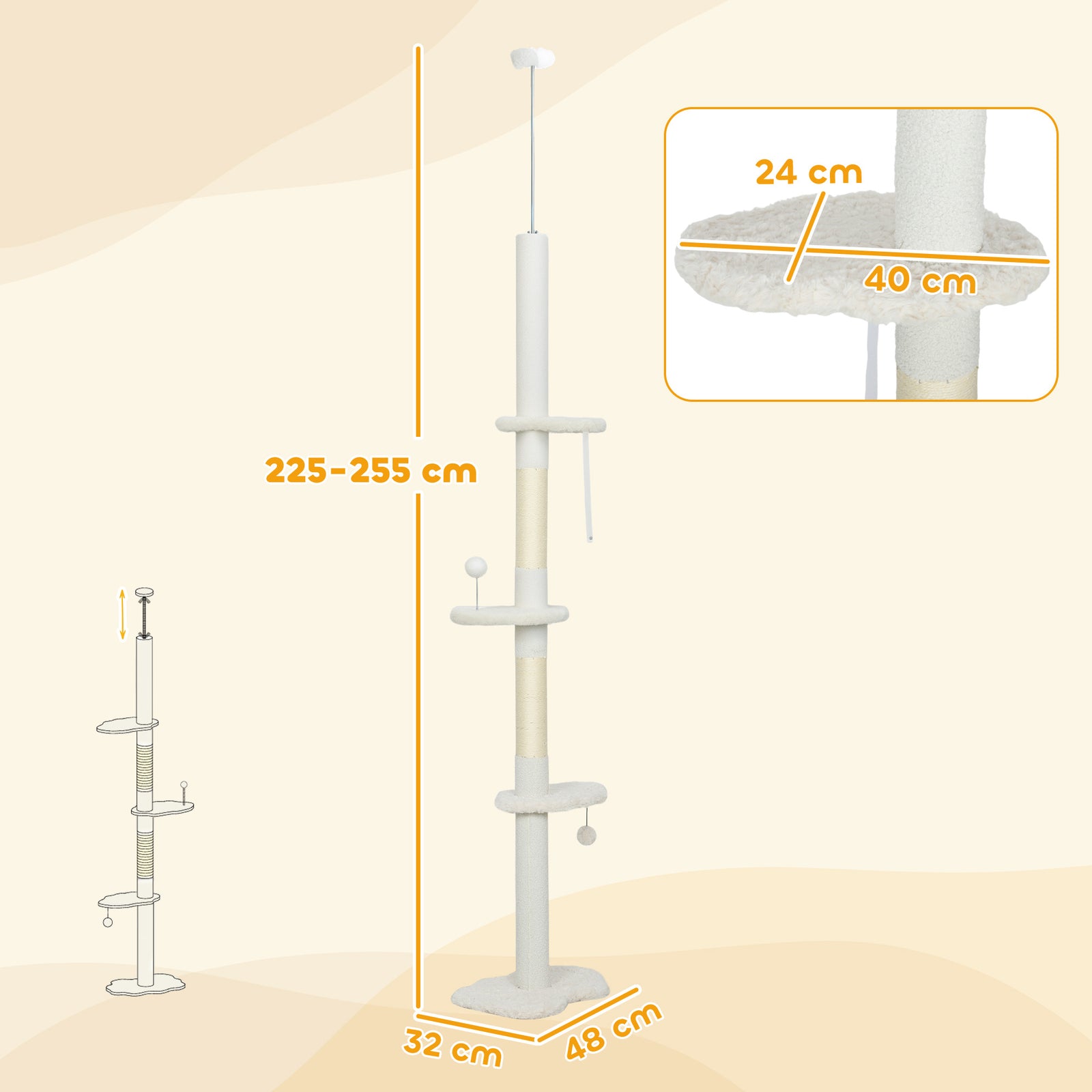 PawHut 225-255 Cm Adjustable Cat Tree With Sisal Scratching Posts, Beige
