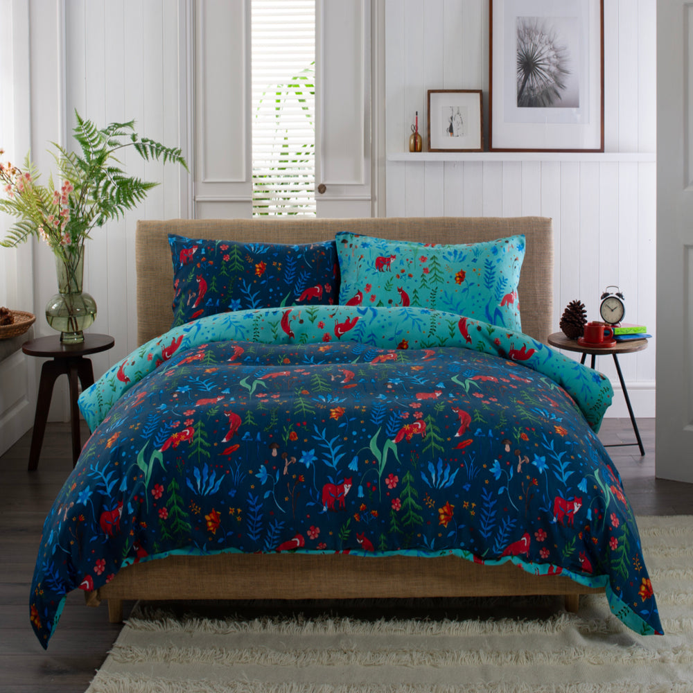 Fox And Floral Cotton Rich 200 Thread Count Reversible Duvet Cover Set | Single | Navy Blue