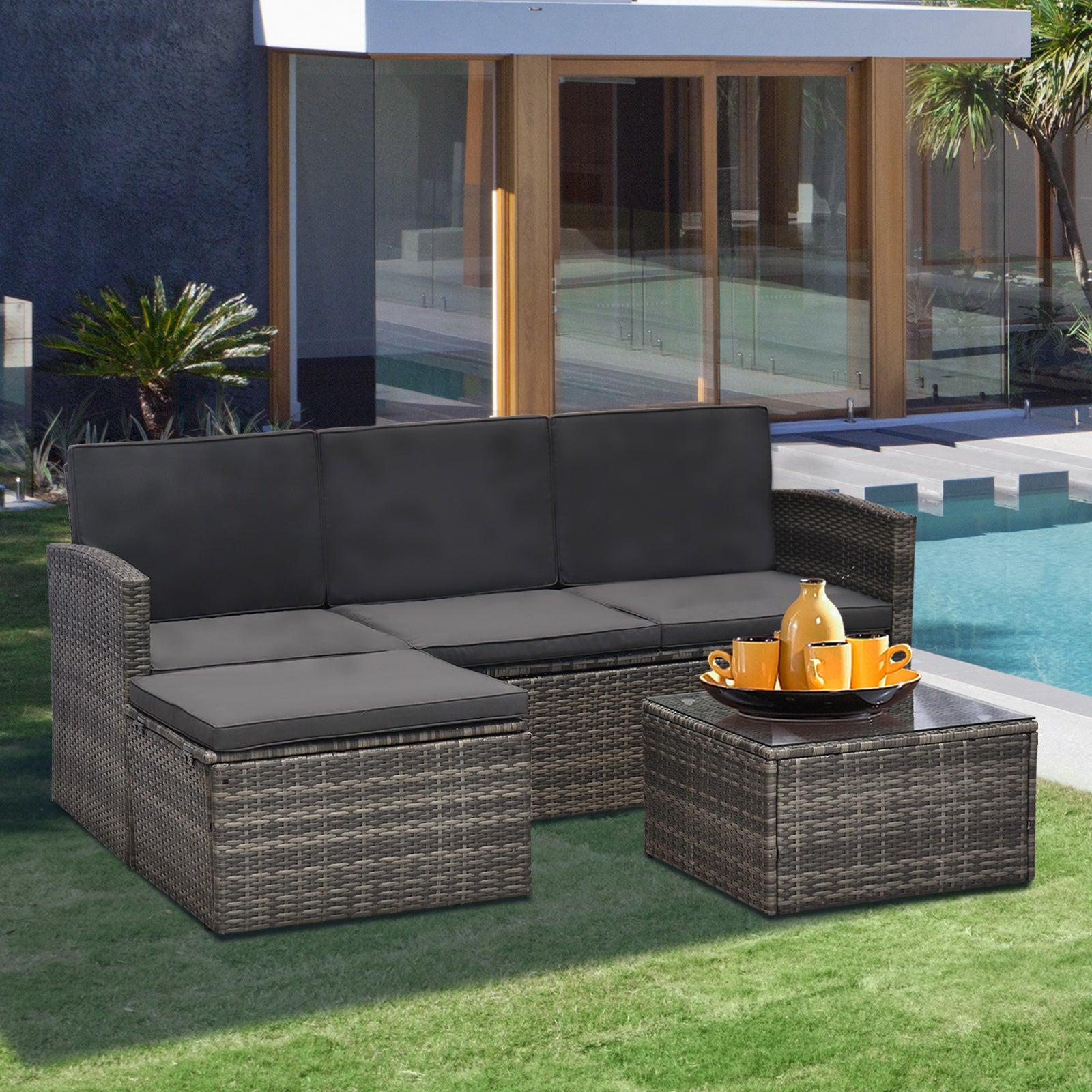 Outsunny 3 Pcs Outdoor Pe Rattan Corner Sofa Set With Thick Cushions