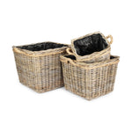 Square Tapered Rope Handled Rattan Planter With Plastic Lining | Set of 3 | Natural