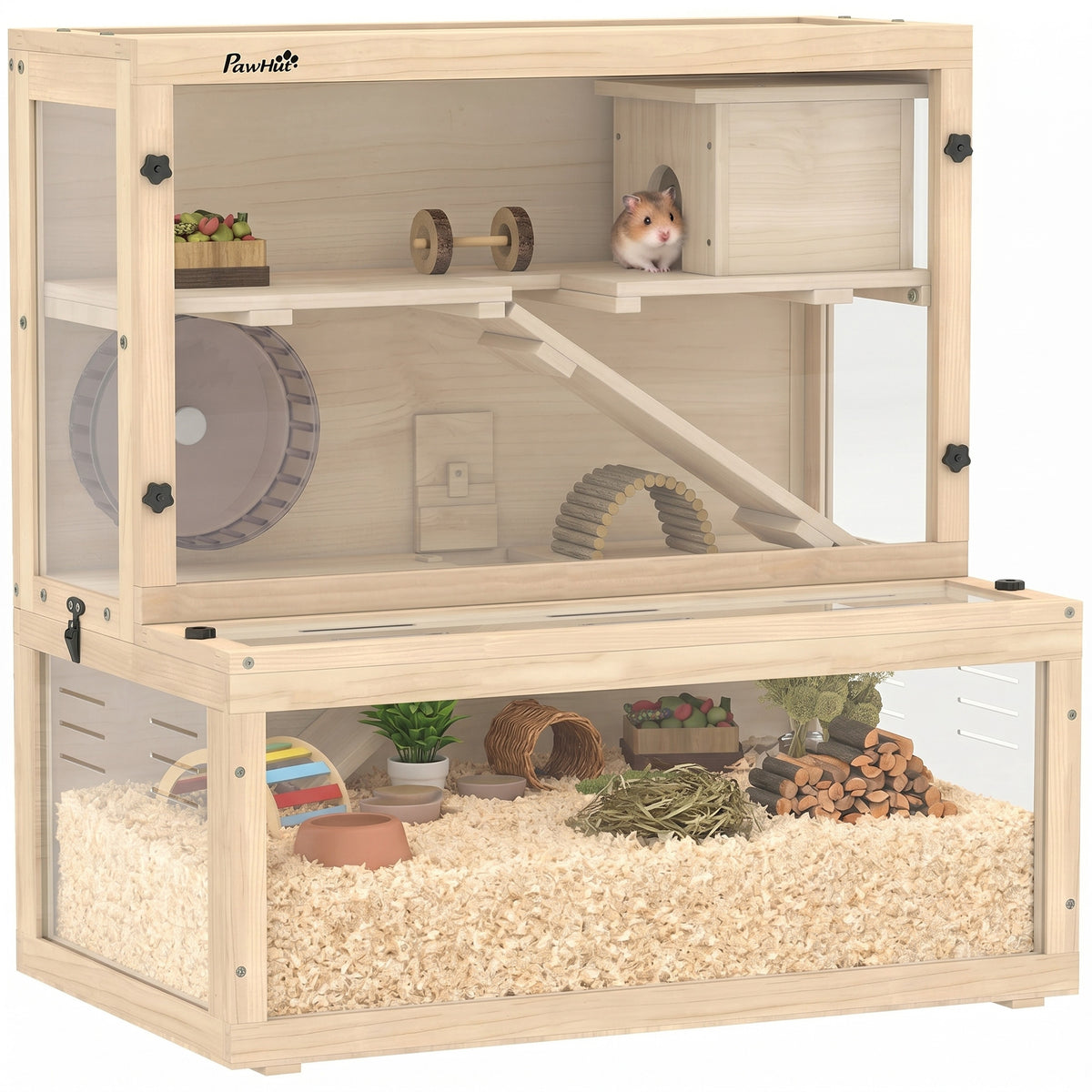 PawHut 3 Tier Wooden Hamster Cage With Hut, Wheel, Ramps, 80 X 50 X 84 Cm