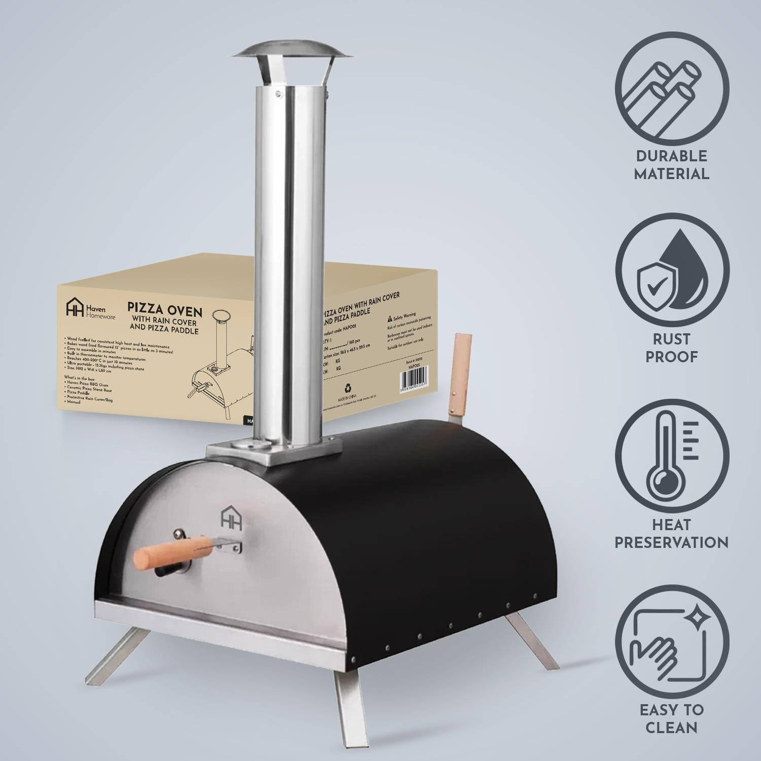 Pizza Oven Built-in Thermometer W/ Rain Cover & Pizza Paddle, Black/silver
