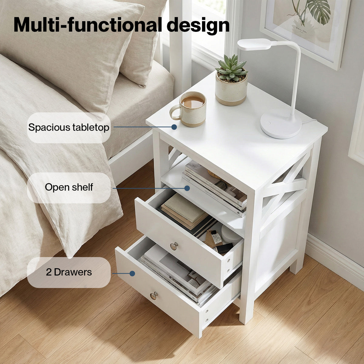 Bedside Table Wood Nightstand Cabinet 2 Storage Drawers Open Shelf | White