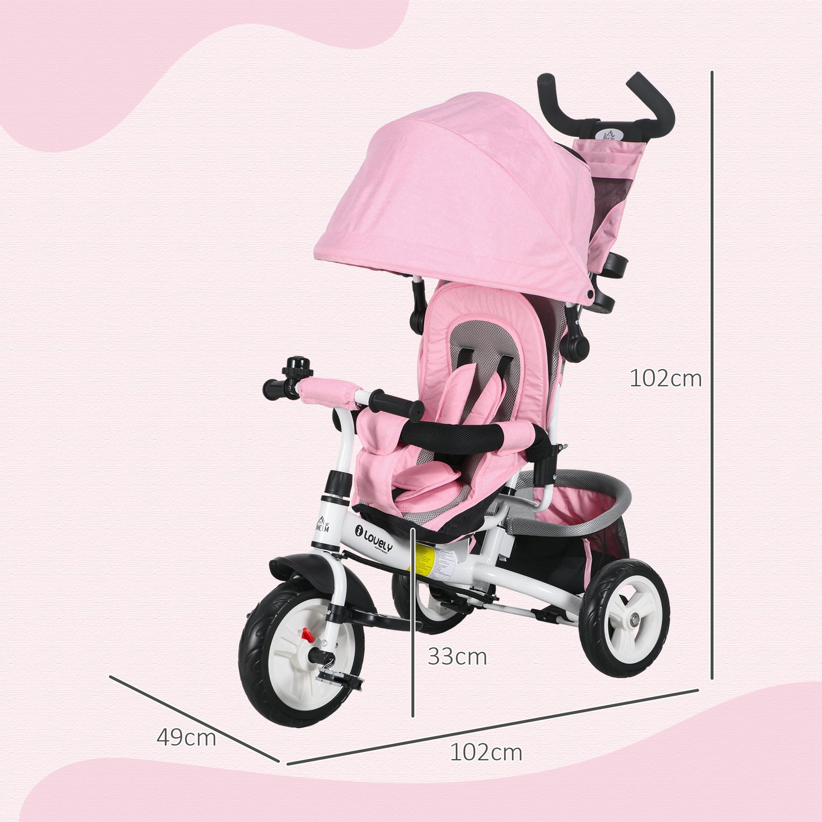 6 In 1 Kids Trike, Stroller With Parent Handle | Pink