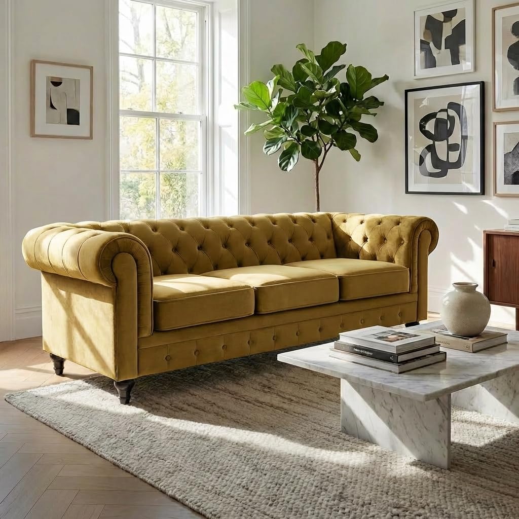 Chesterfield Scroll Arm Velvet Sofa 3 Seater | Olive