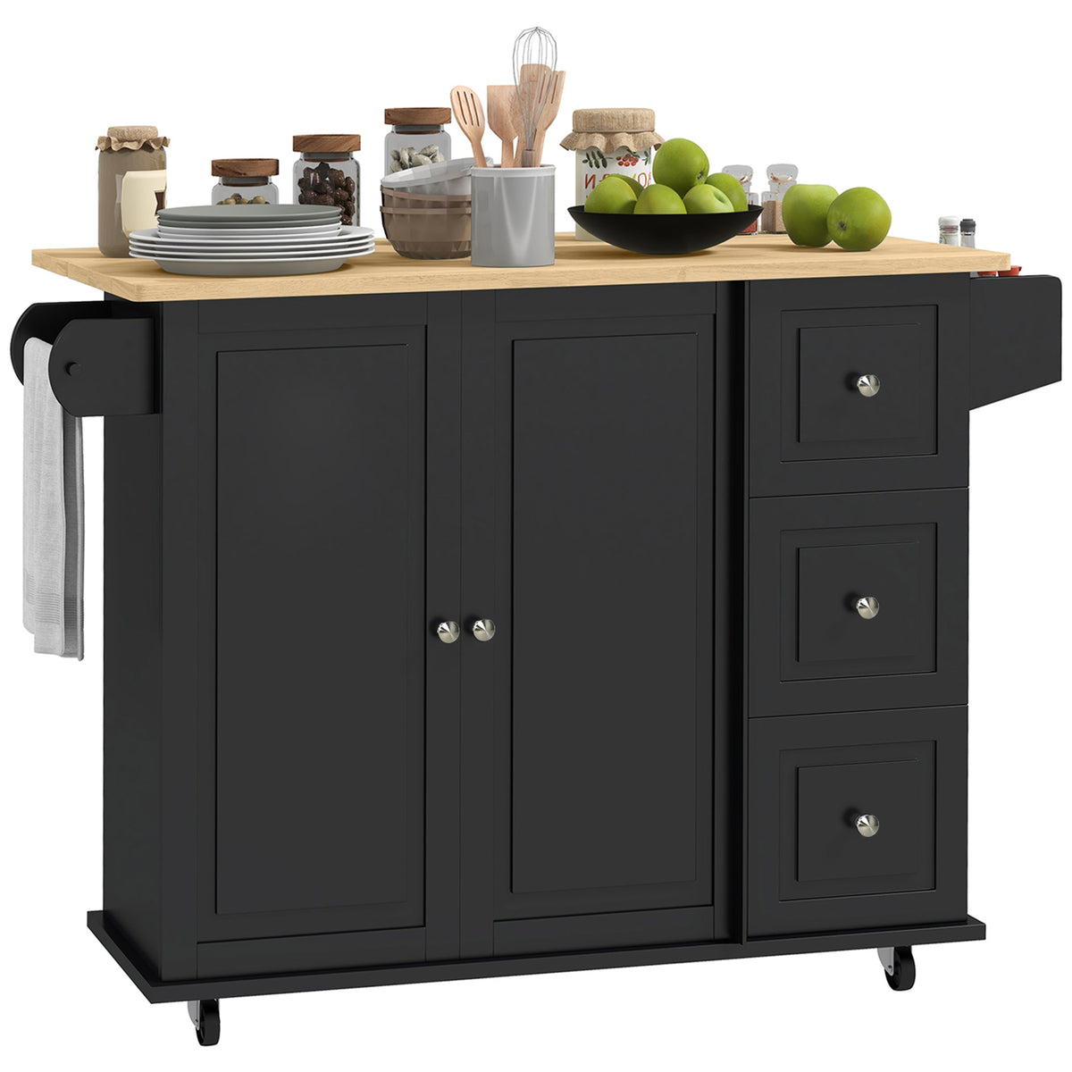 HOMCOM Kitchen Island On Wheels, Kitchen Cart With Drop Leaf, Black
