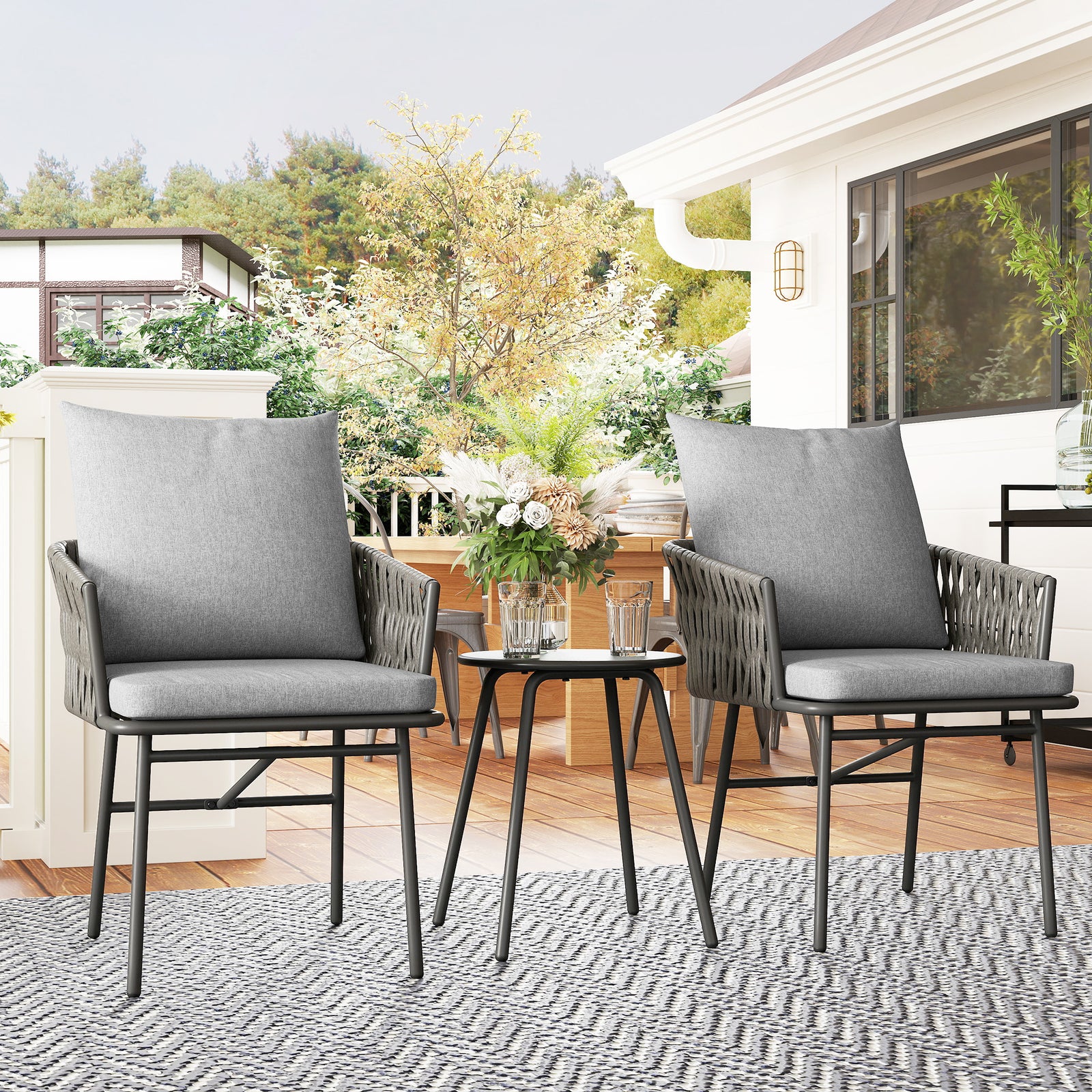 3-piece Rattan Bistro Set, Garden Table And Chairs, Grey