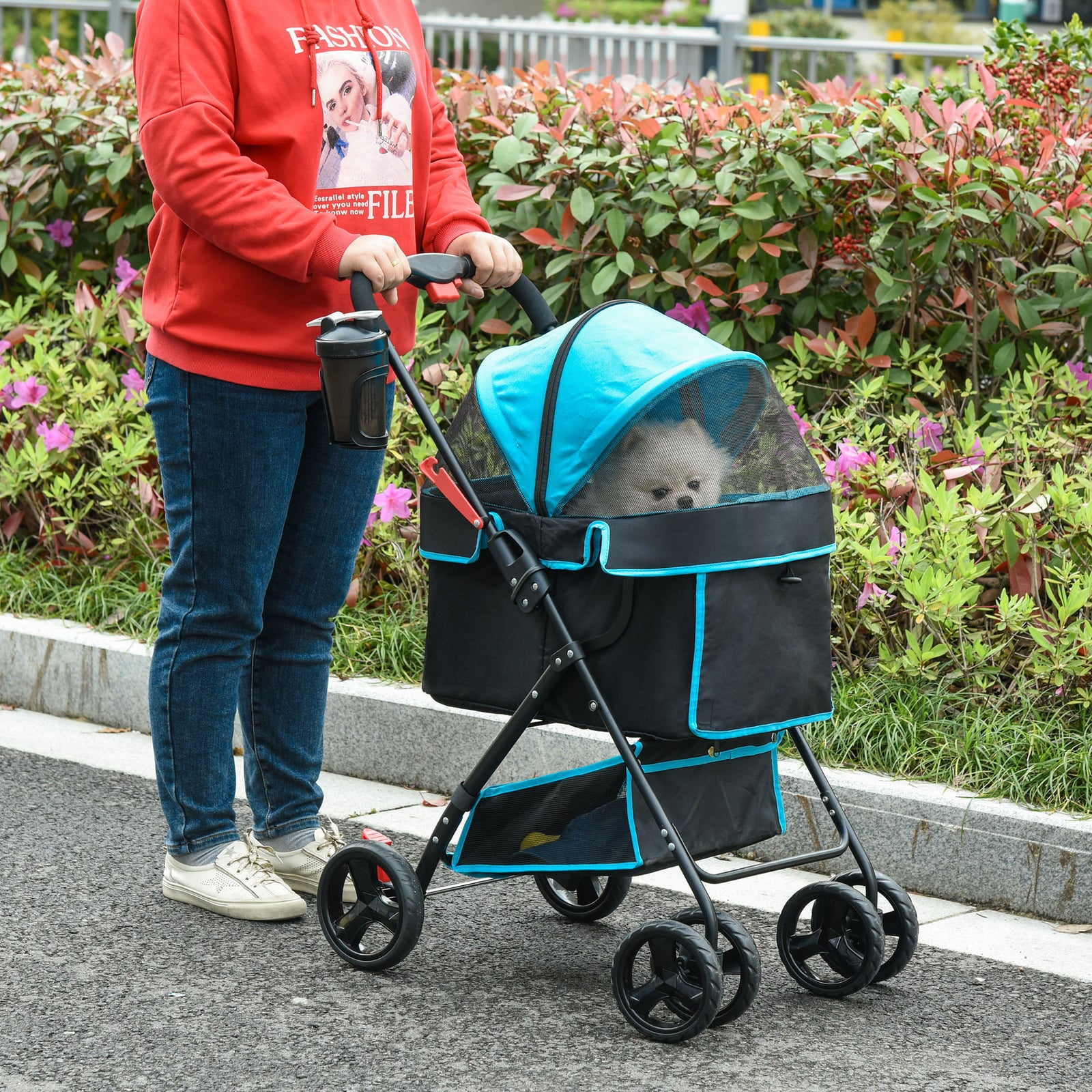 Pet Stroller Foldable Carriage W/ Brake Basket Canopy Removable Cloth