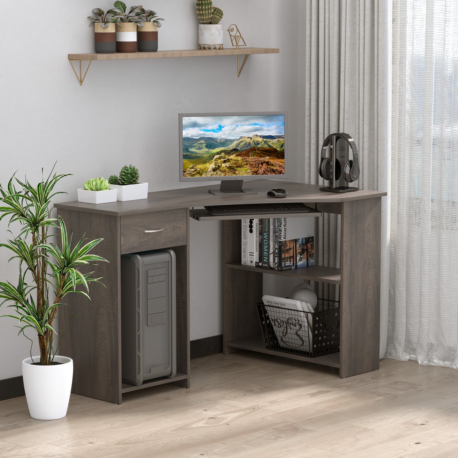 L-shaped Corner Computer Desk W/ 2 Shelves Worktop Keyboard