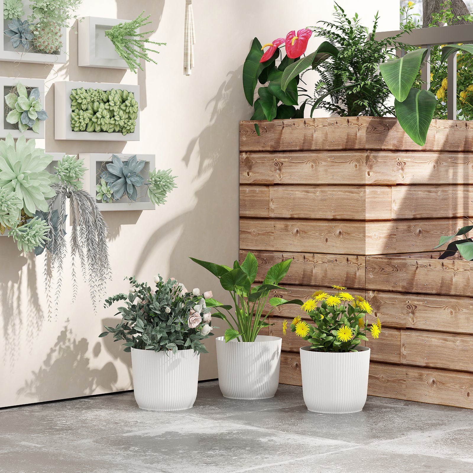 Round Plant Pots Outdoor 22cm For Garden Decoration | Set-of-3 | White