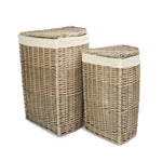 White Cotton Lined Antique Wash Wicker Corner Laundry Basket | Set-of-2 | White