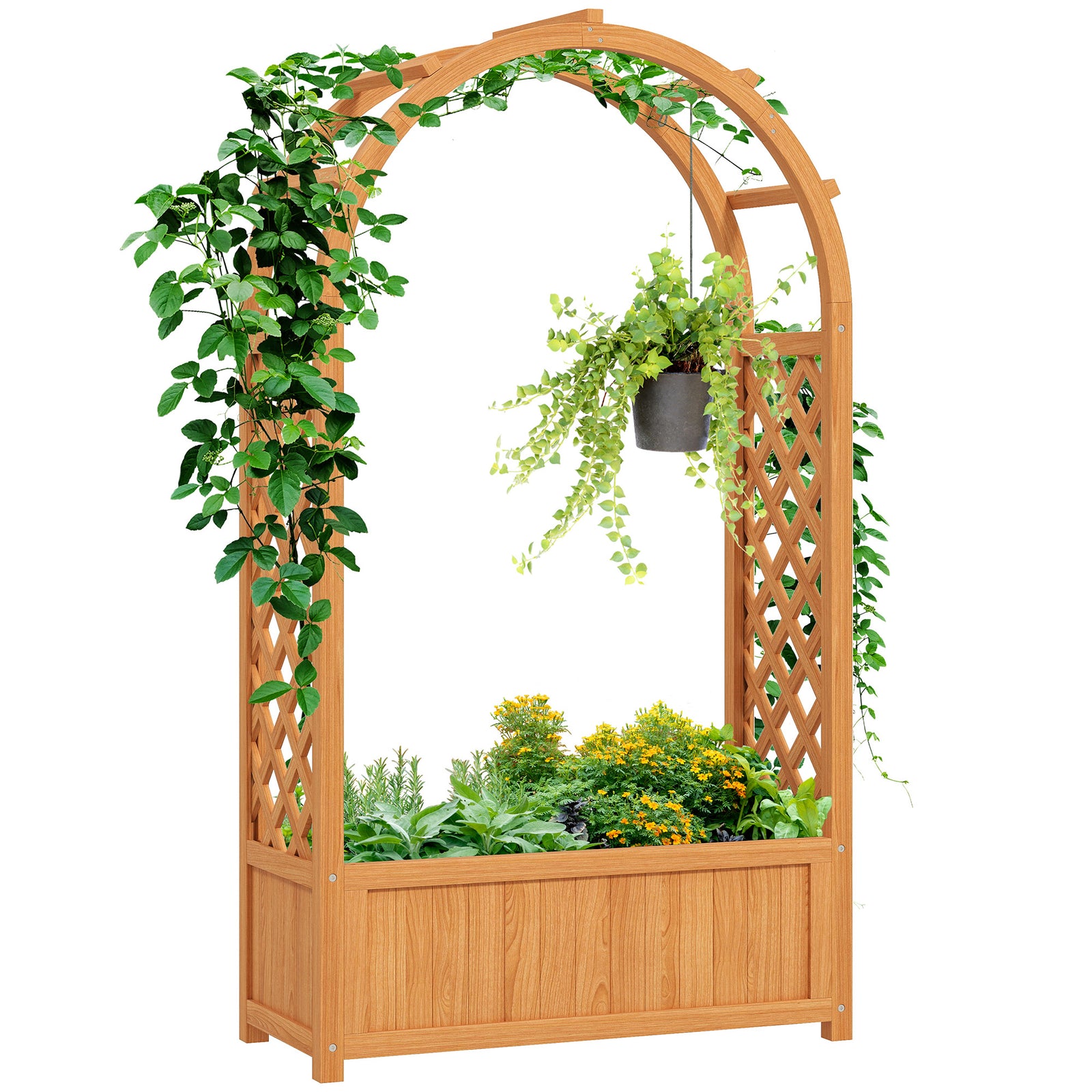 Wooden Raised Garden Bed With Arch Trellis