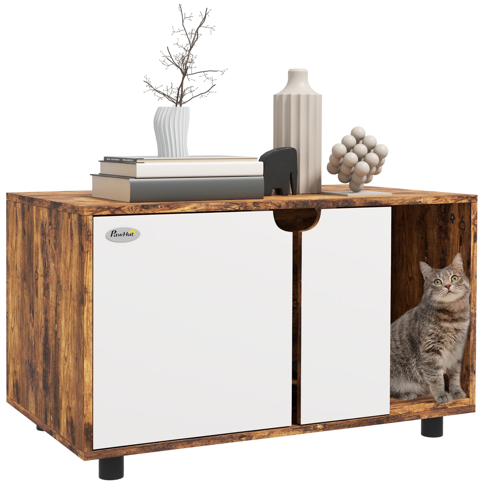 Hidden Cat Litter Box Furniture With Sand Drain Pad, Rustic Brown