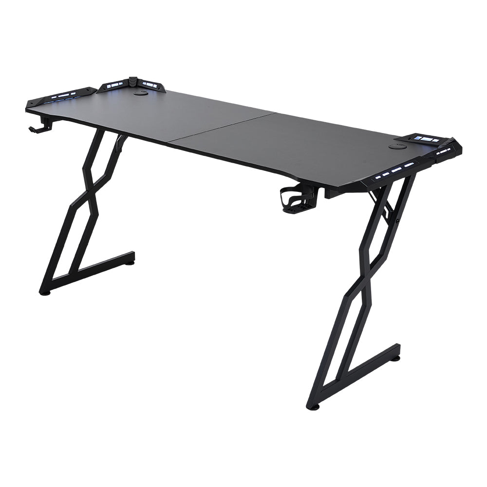 120cm/140cm/160cm W Gaming Desk With Mouse Pad, Cup Holder & Headphone Hook Sturdy Computer Table With Led Lights | Large | Black