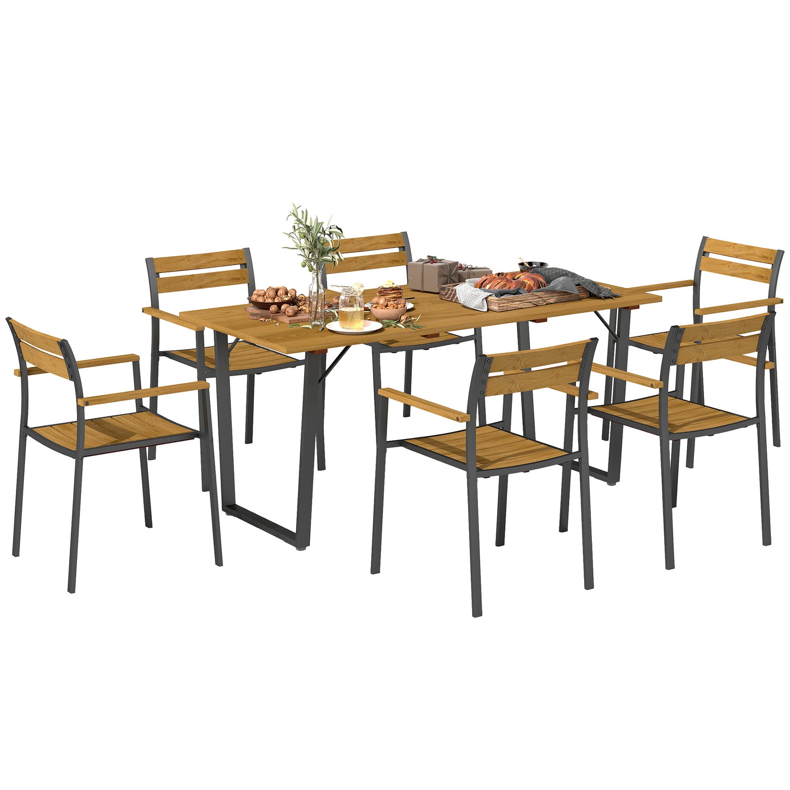7-piece Fir Wood Set, 6 Stackable Chairs, Brown