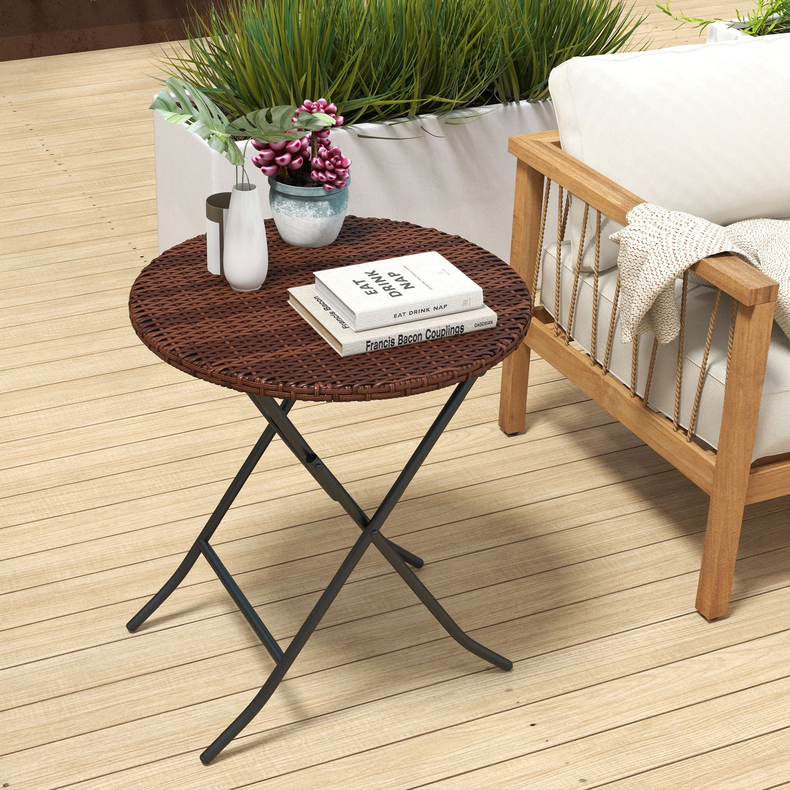 Foldable Rattan Coffee Table, Metal Frame, Mixed Brown