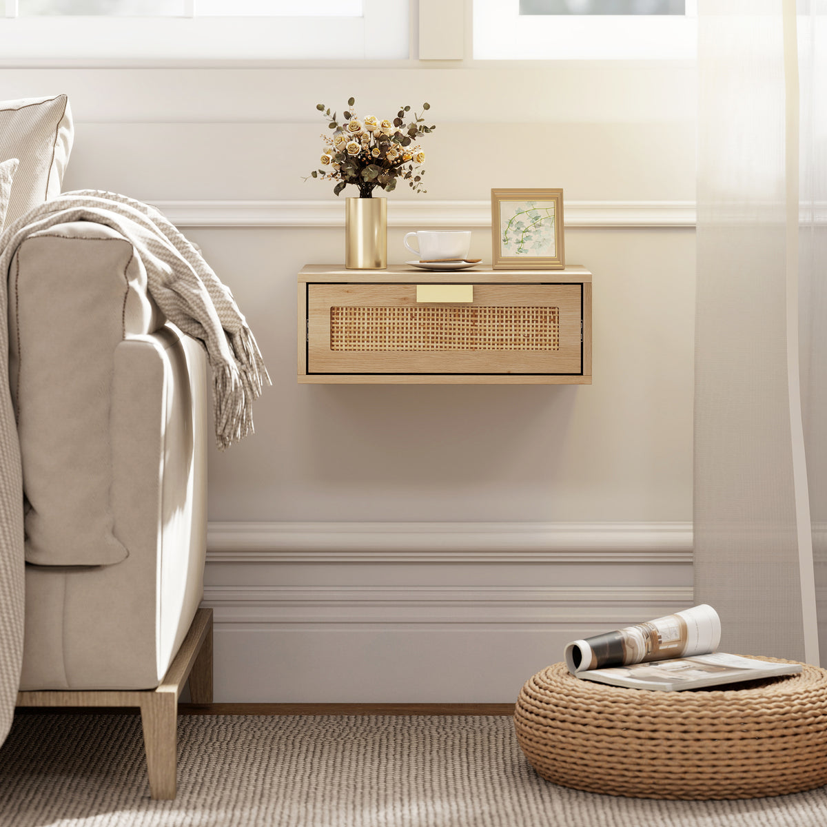 HOMCOM Floating Bedside Tables Set Of 2, Boho Nightstands With Rattan Drawer