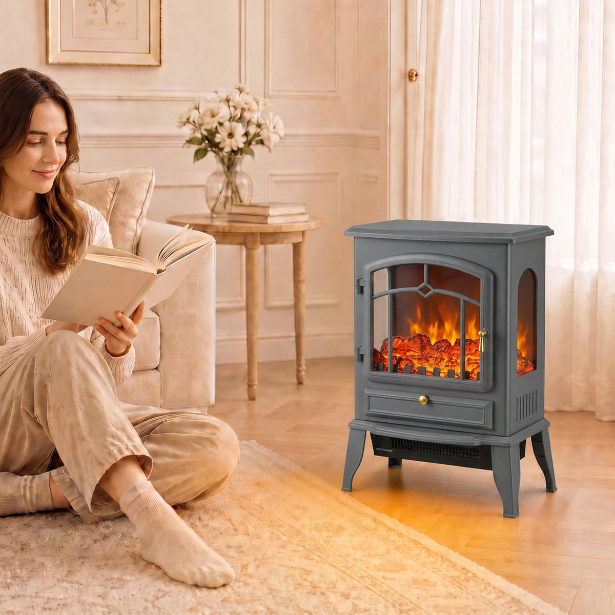 Electric Fireplace Stove With Realisric Log Flame Effect | Grey