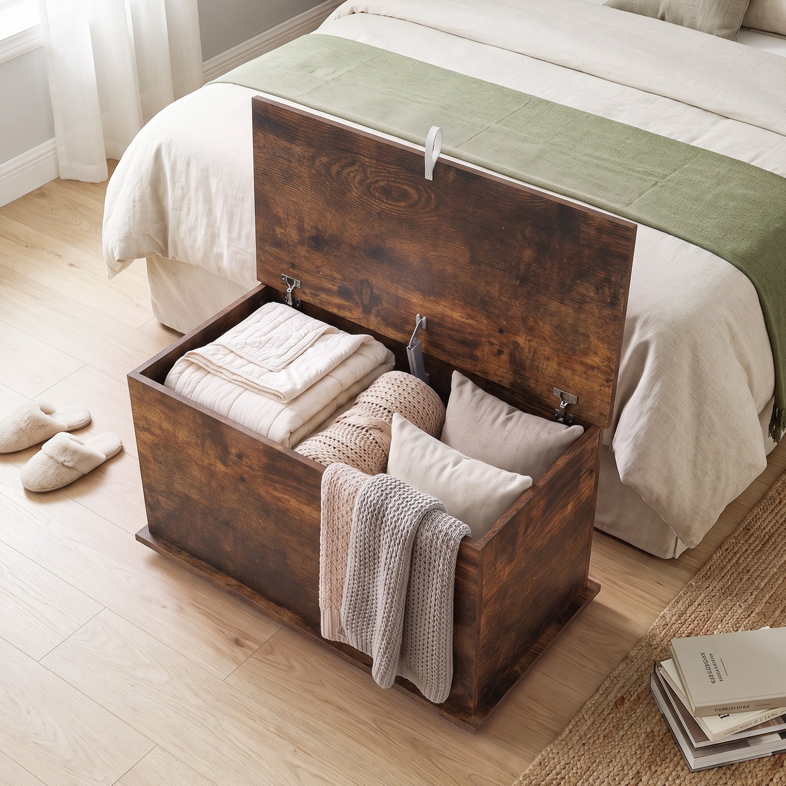 Storage Chest With Safety Hinged Lid, 102l Storage Box | Rustic Brown