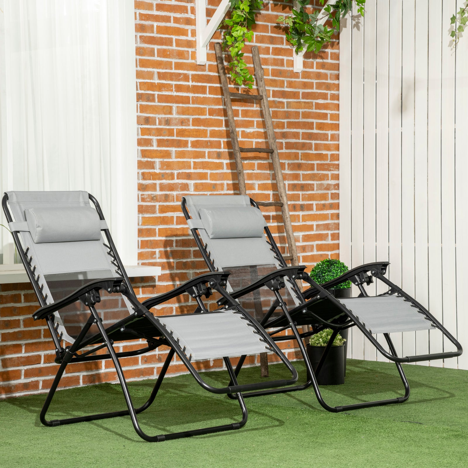 Foldable Garden Recliner Chair Set Of 2 W/ Footstool | Gray