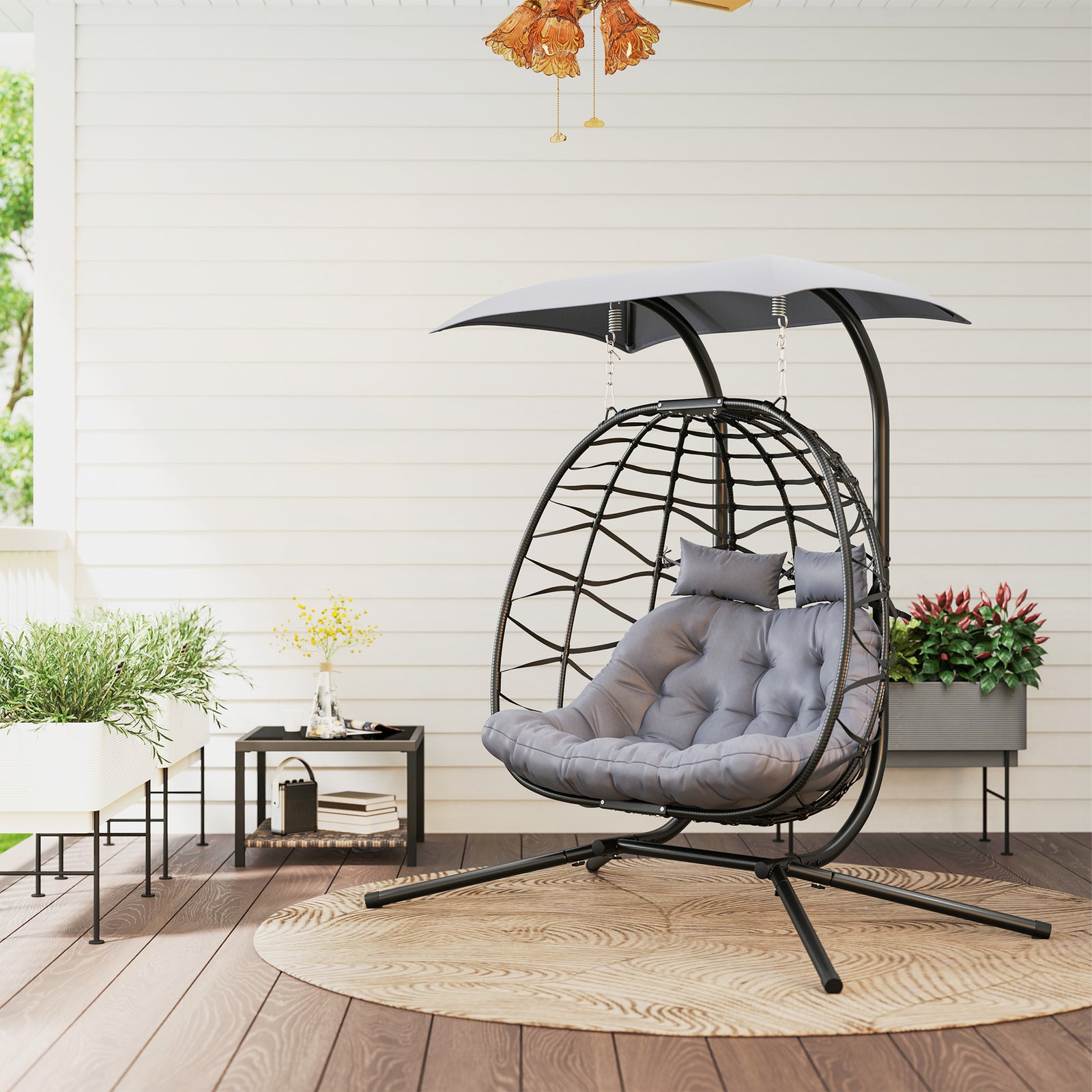 Black Double Rattan Egg Chair W/ Canopy