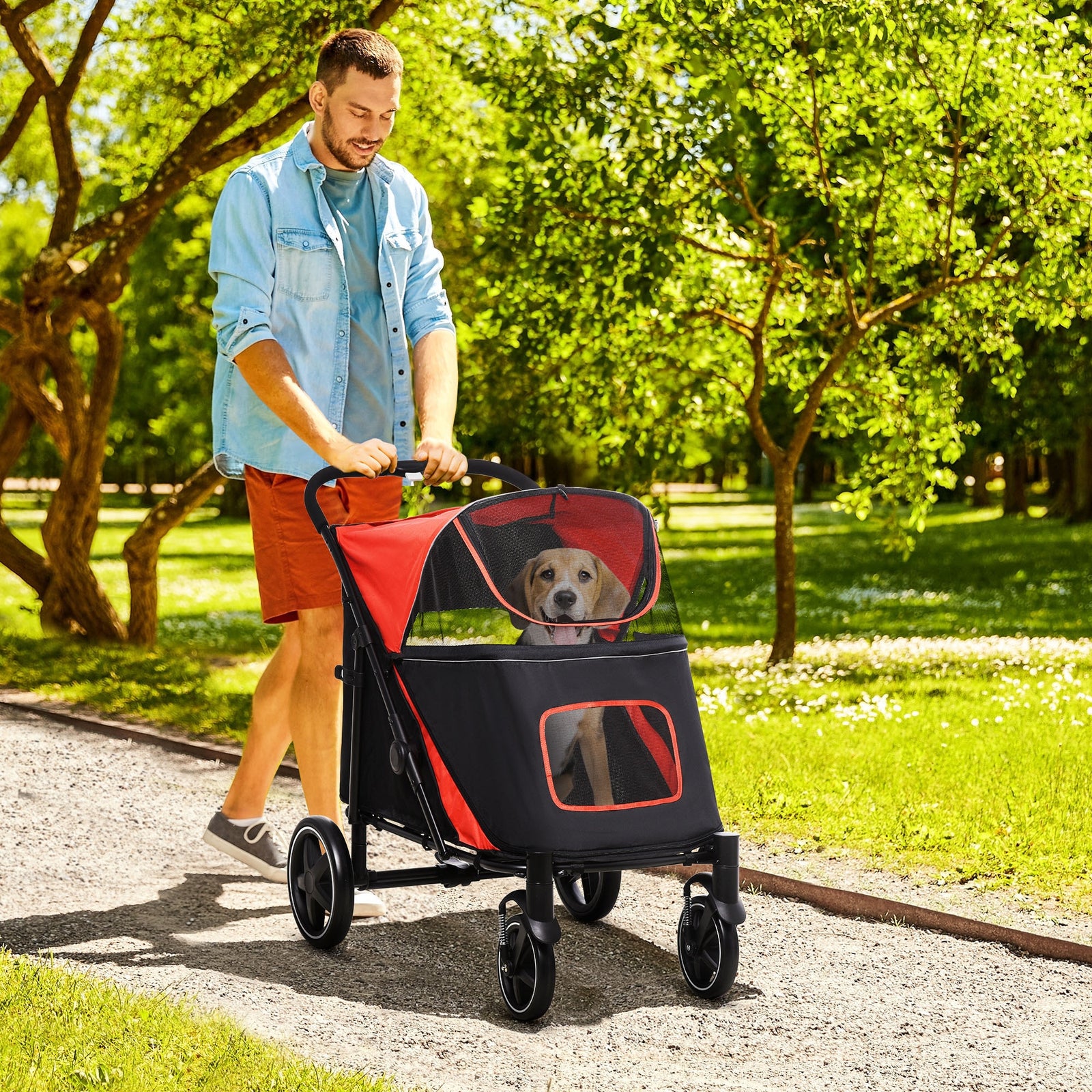 Foldable Dog Carriage W/ Universal Wheels, Shock Absorber | Red
