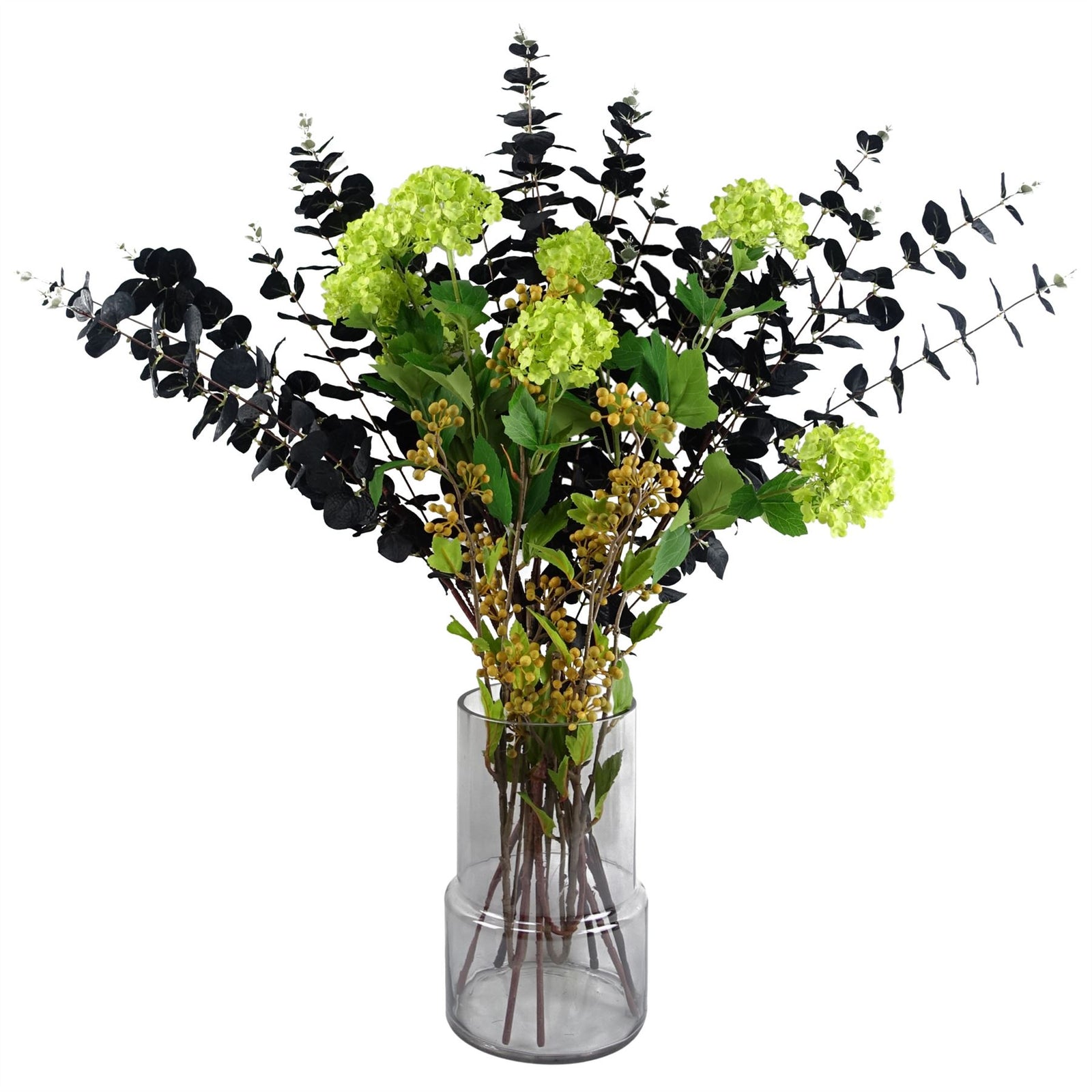 80cm Artificial Black Eucalyptus And Viburnum Arrangement Glass Vase