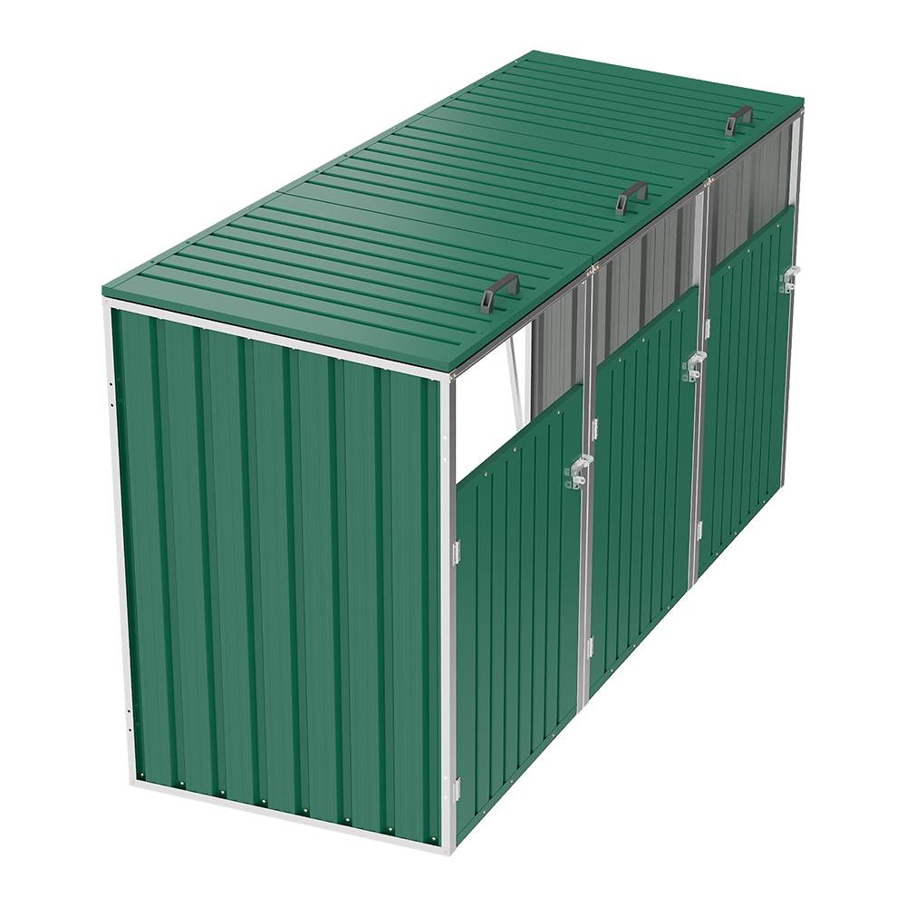 3 Bin Storage Shed – Heavy-duty Galvanized Steel Outdoor Bin Store With Lift-up Lids & Lockable Doors | Green