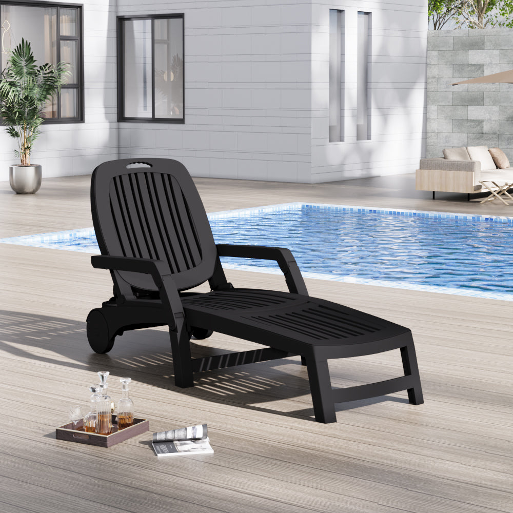 Outdoor Folding Lounge Chair Recliner With Wheels | Black