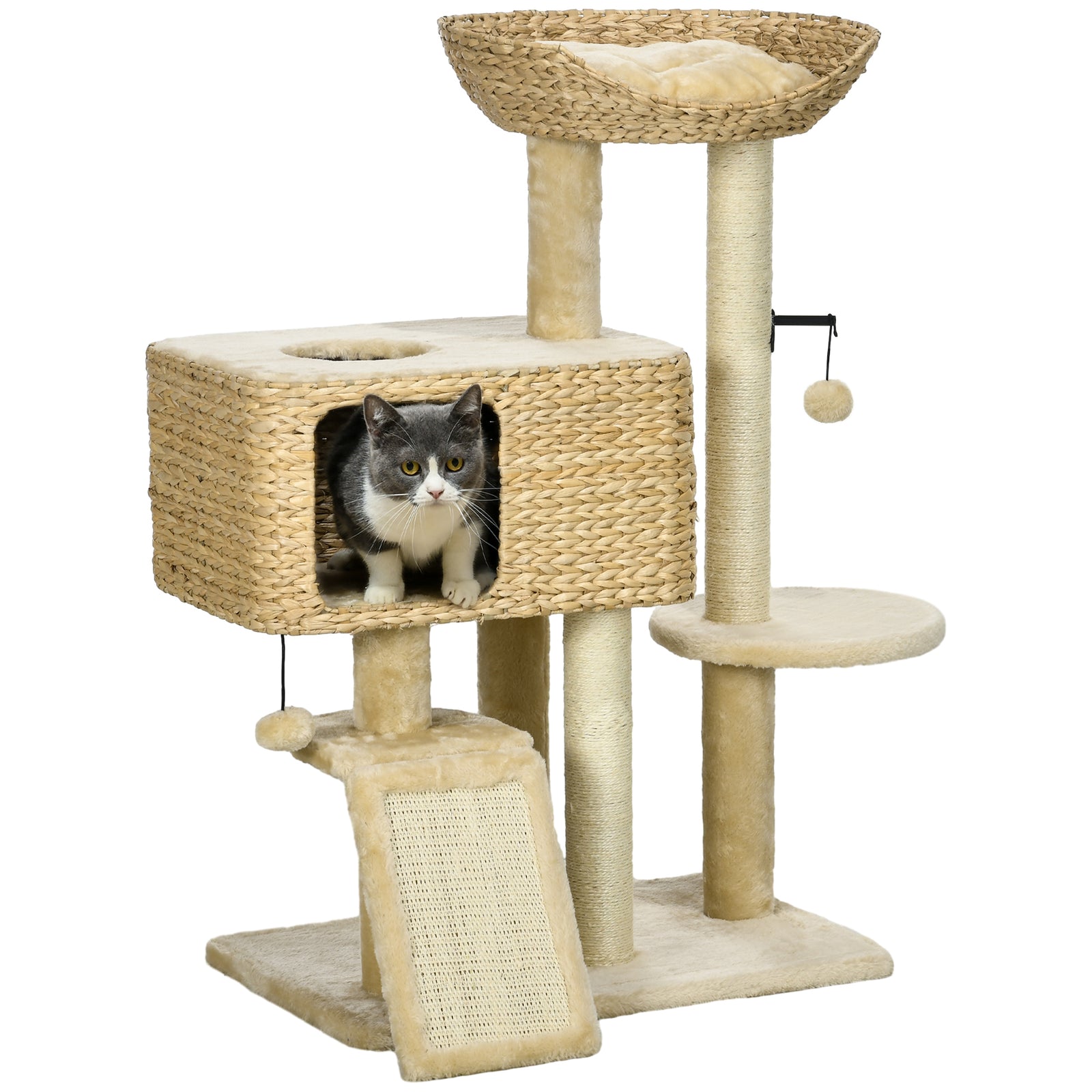 95cm Cat Tree Tower W/ Scratching Post, Cat House, Ball, Platform - Beige