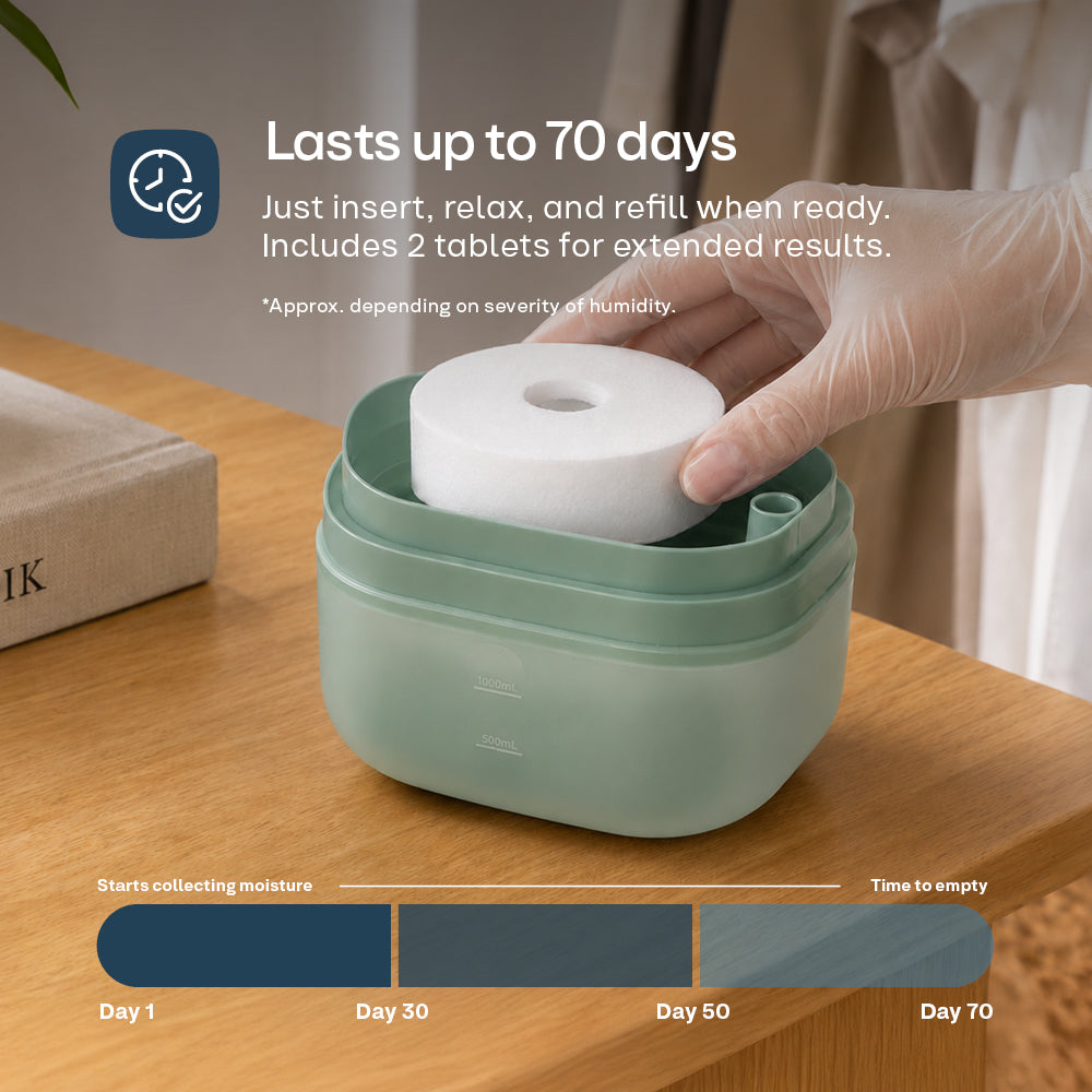 Reusable 1000ml Dehumidifier With 2 Calcium Chloride Refill Tabs | Sage Green
