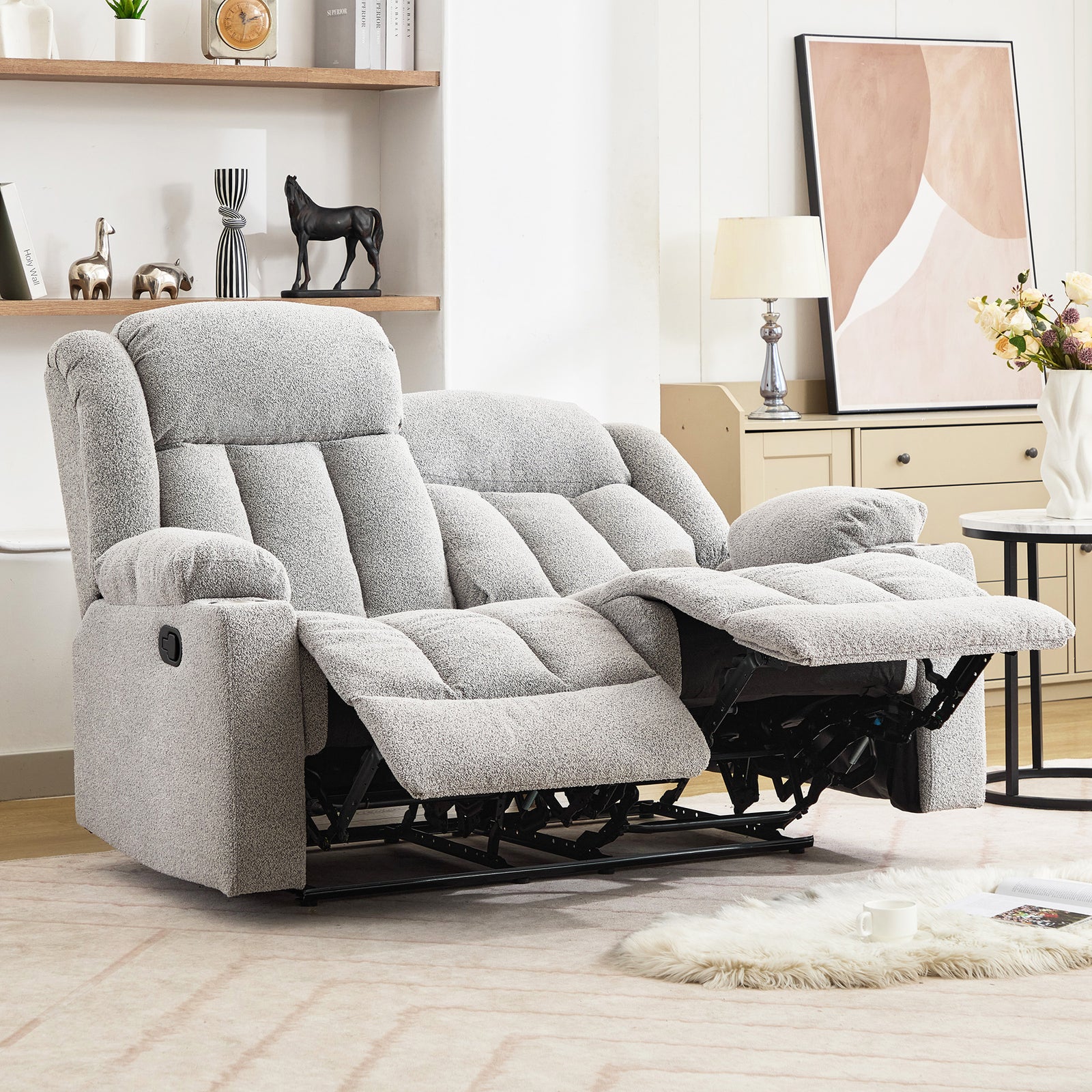 Lovell 2 Seat Manual Recliner Sofa With Cup Holders | Light Grey