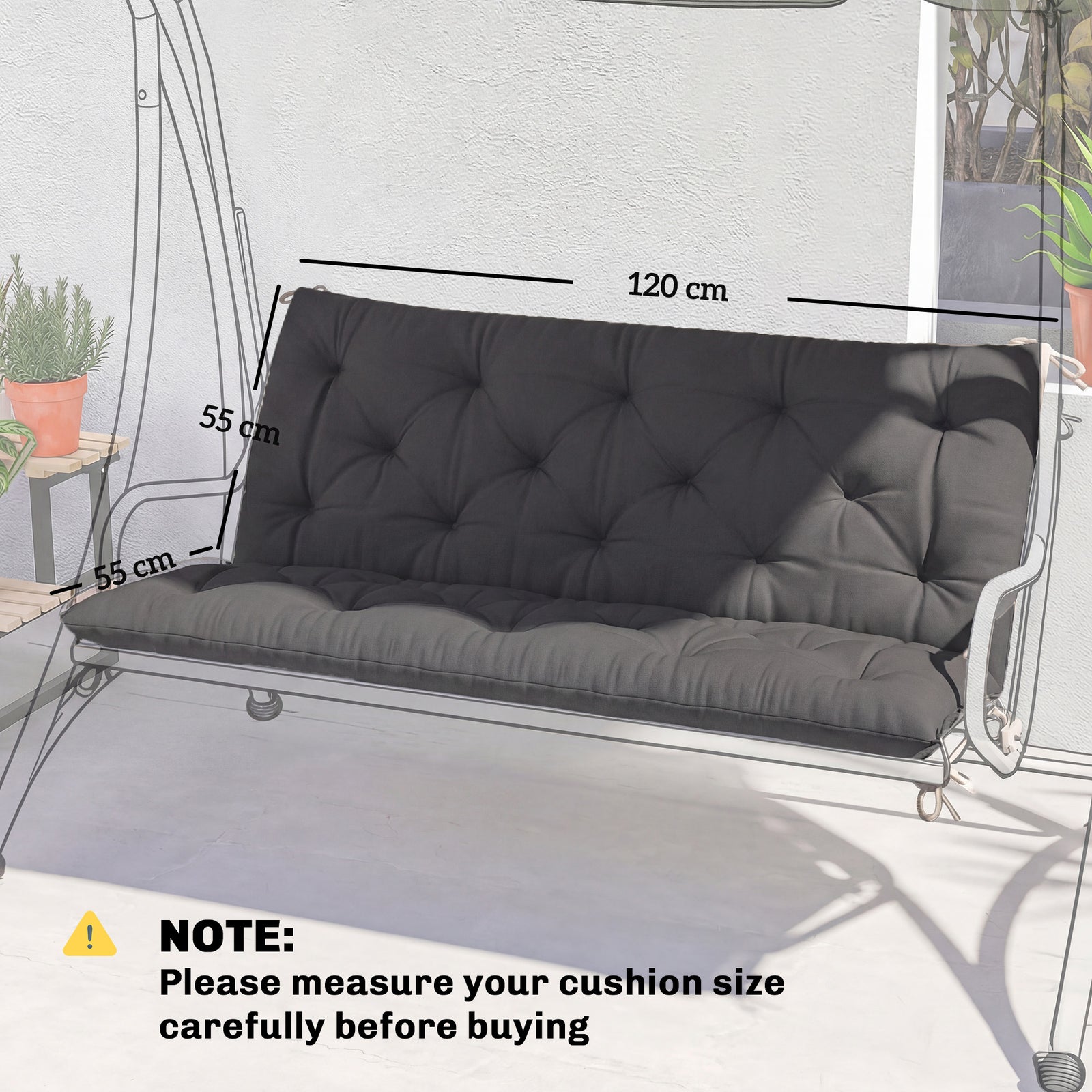 Garden Bench Cushion, Seat Pad With Ties, Black | Black