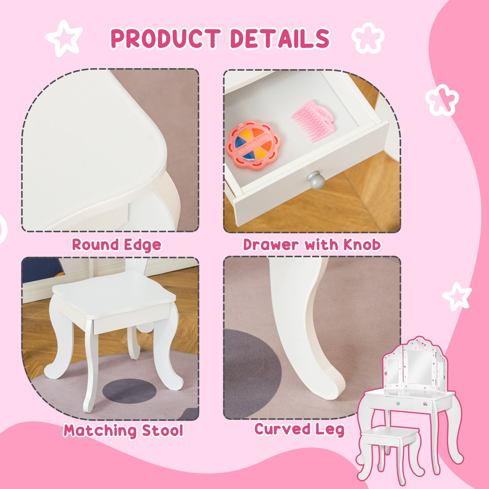 Makeup Dressing Table Set With Tri-folding Mirror And Drawer | White