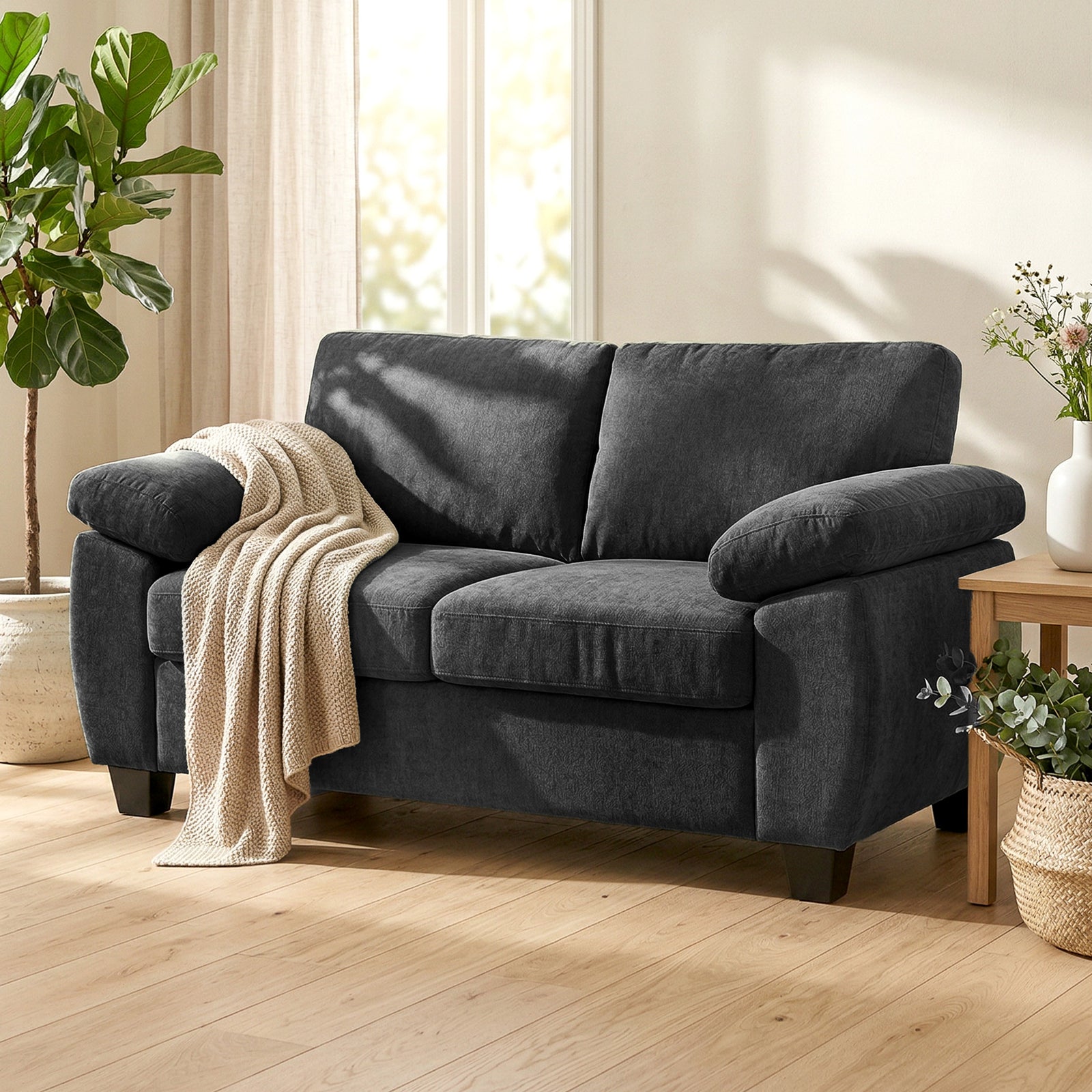 2 Seater Sofa, Chenille Small Sofa With Spring Cushions | Dark Grey