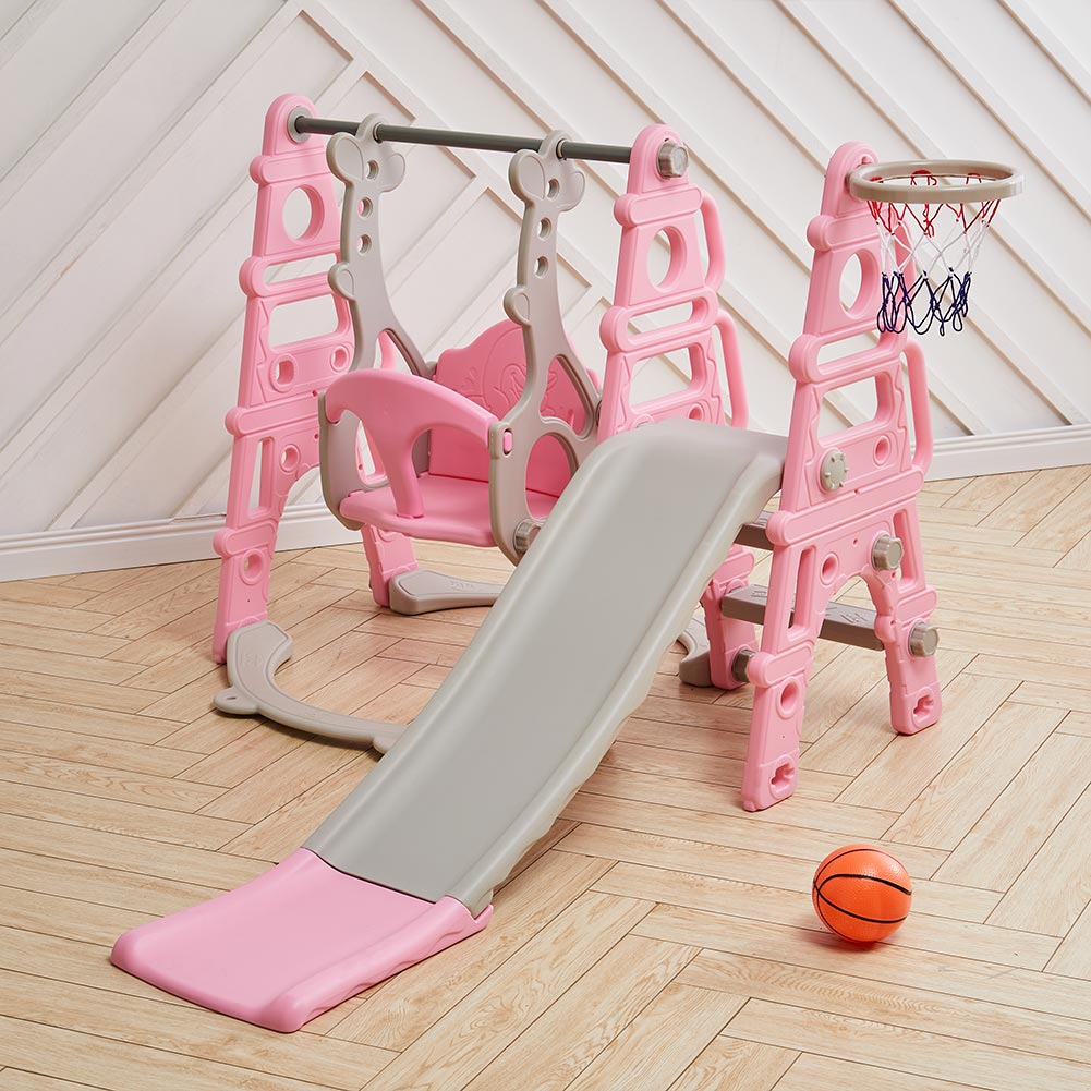 Children Toddler Swing And Slide Set With Basketball Hoop